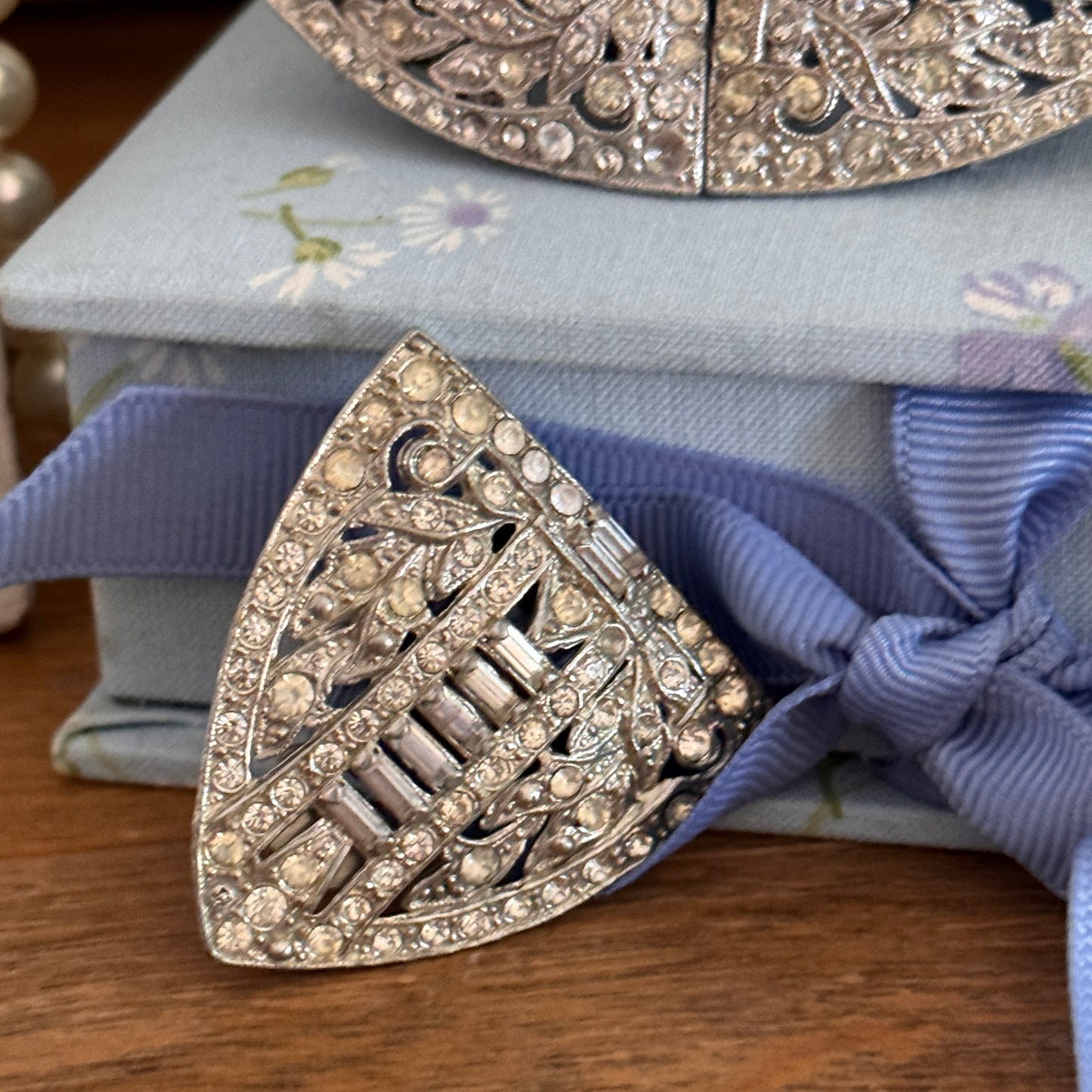 Art Deco French Multi Faceted Clear Rhinestone Belt Buckle Sash Clip 2 Dress Clip Set