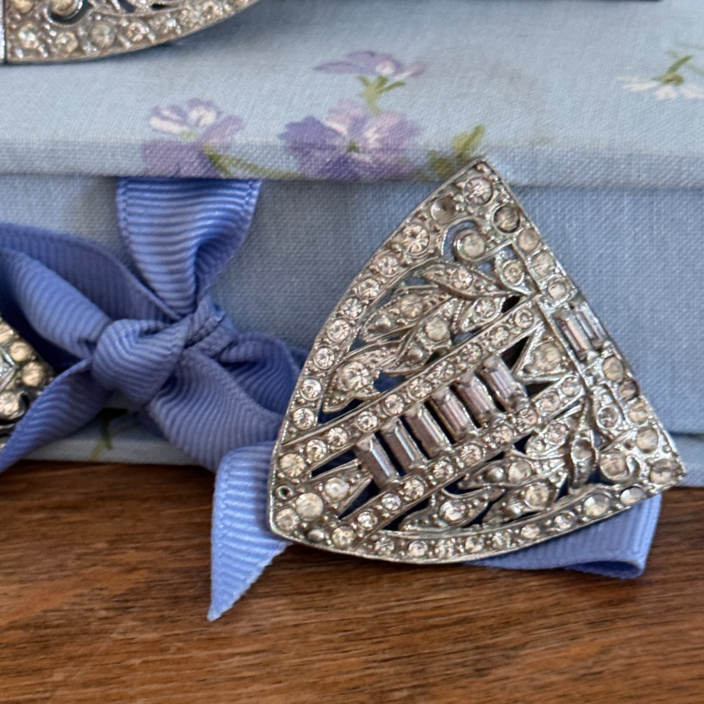 Art Deco French Multi Faceted Clear Rhinestone Belt Buckle Sash Clip 2 Dress Clip Set