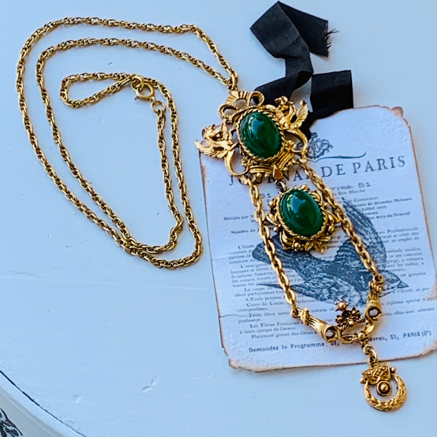 Vintage Heraldic Hippocampi Green Glass Cabochon Layered Dangling Necklace
