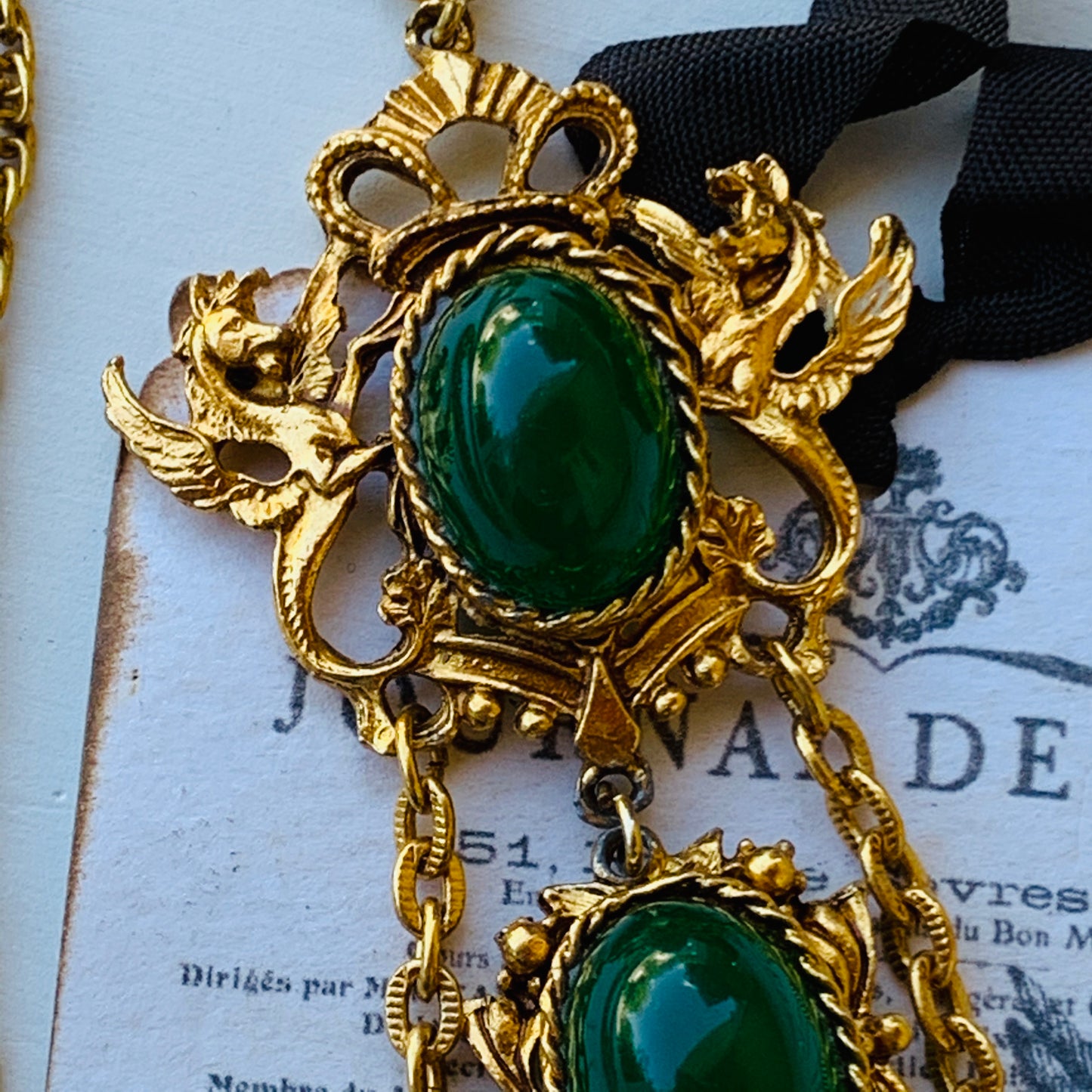 Vintage Heraldic Hippocampi Green Glass Cabochon Layered Dangling Necklace
