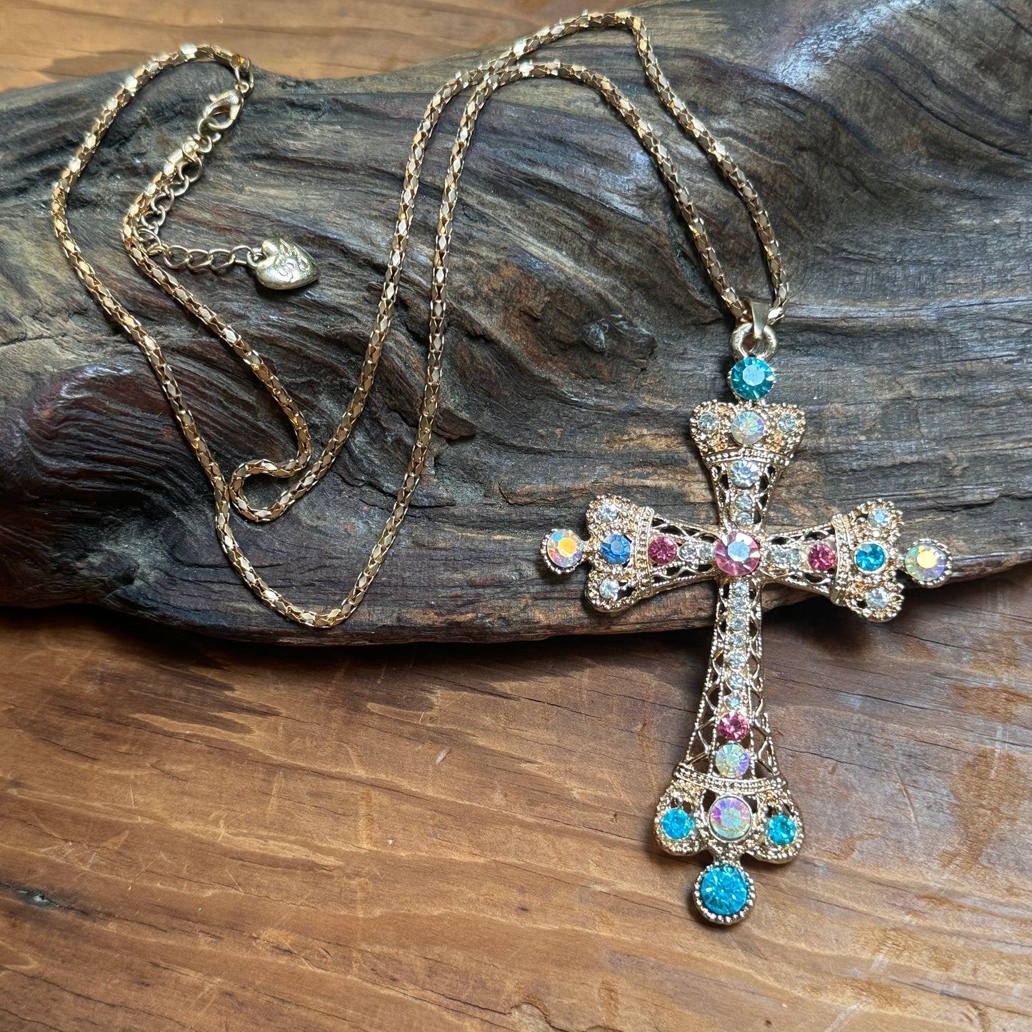 Betsey Johnson Pastel Rhinestone Regal Crown Cross Necklace