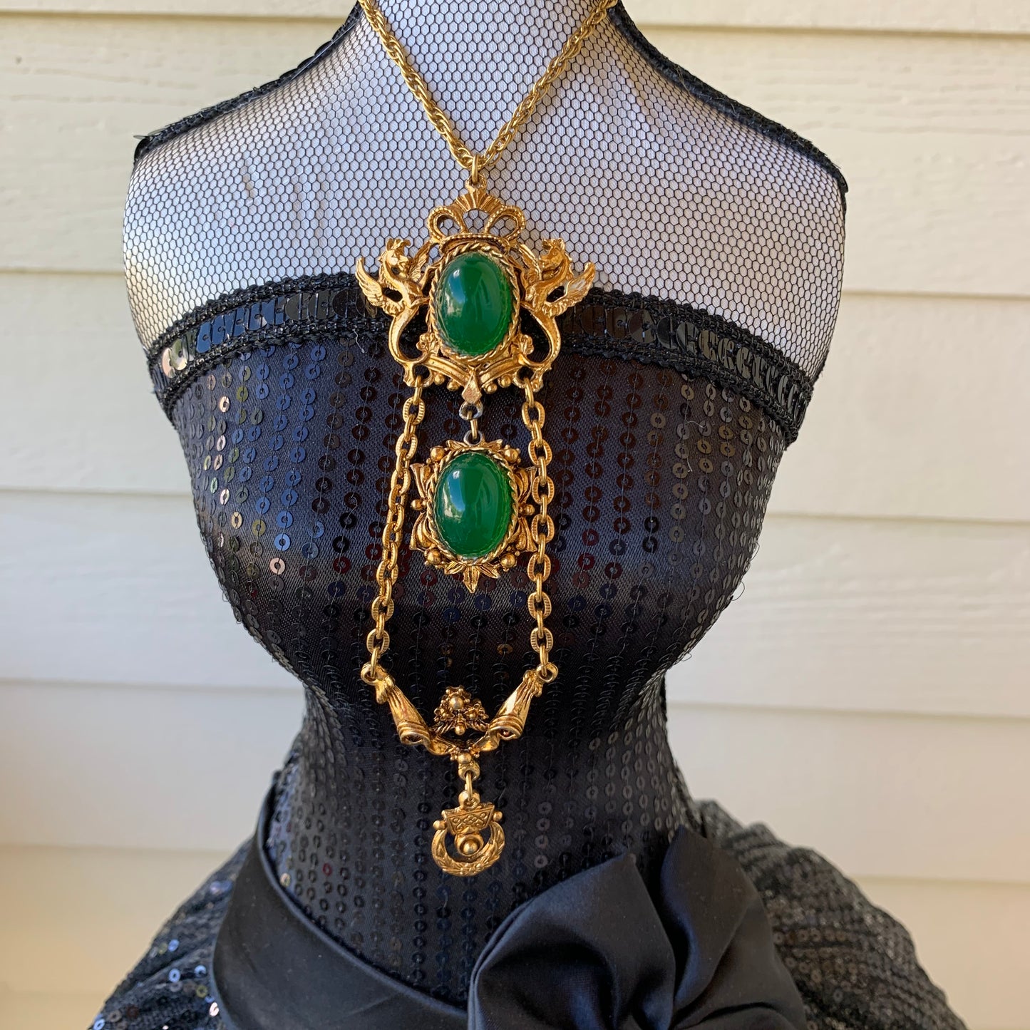 Vintage Heraldic Hippocampi Green Glass Cabochon Layered Dangling Necklace
