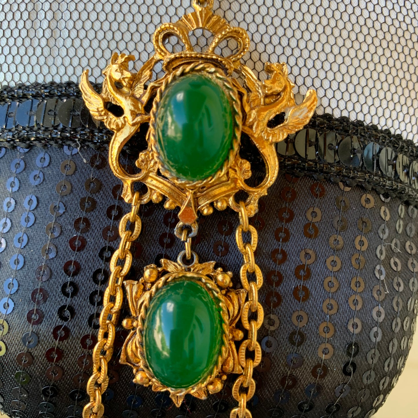 Vintage Heraldic Hippocampi Green Glass Cabochon Layered Dangling Necklace