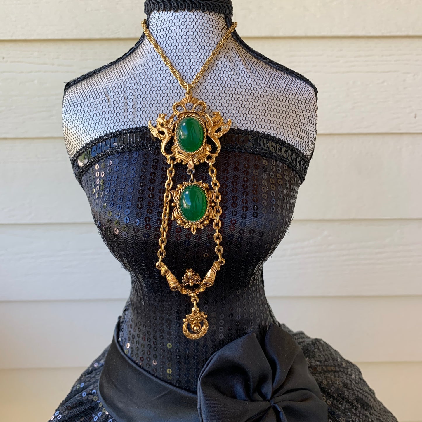 Vintage Heraldic Hippocampi Green Glass Cabochon Layered Dangling Necklace
