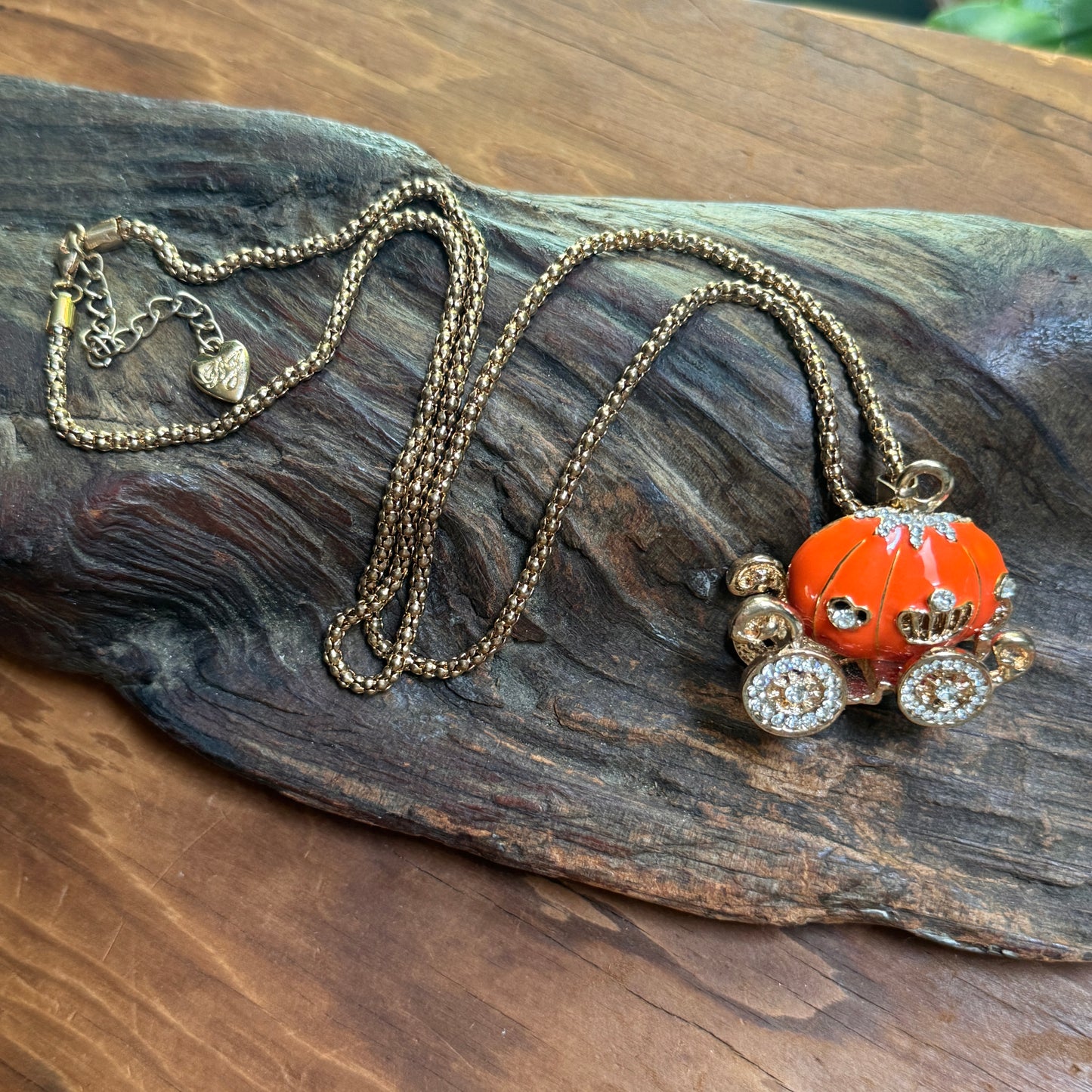 Betsey Johnson Rhinestone Enamel Orange Pumpkin Coach Necklace