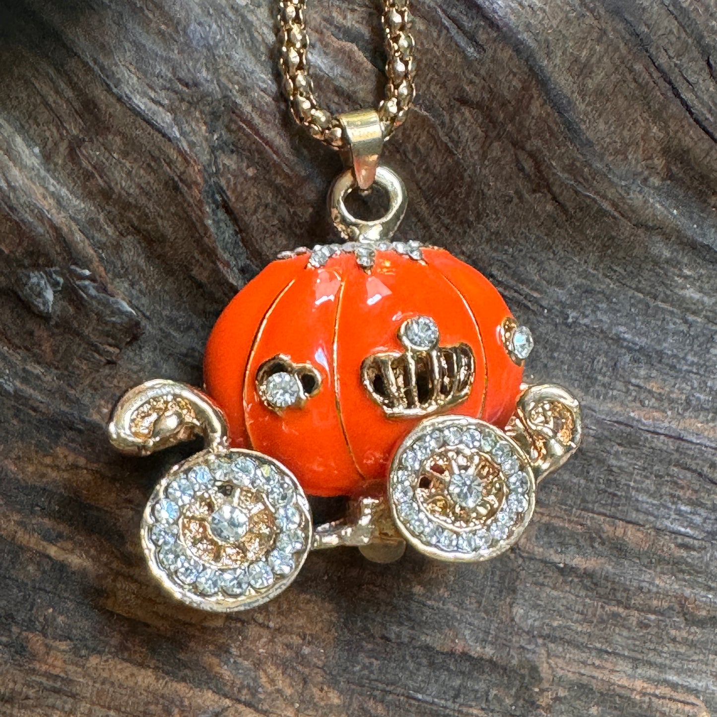 Betsey Johnson Rhinestone Enamel Orange Pumpkin Coach Necklace