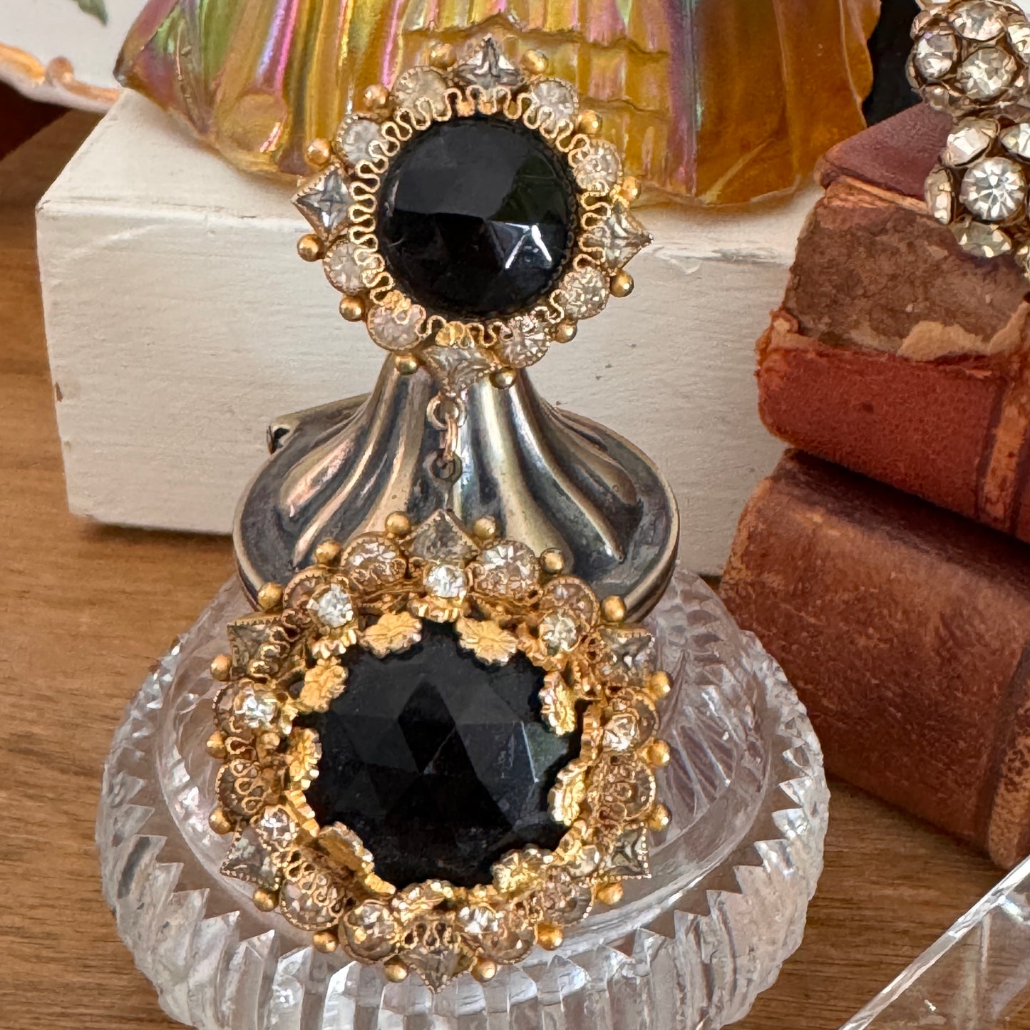 Vintage Sandor Black and Clear Rhinestone Dangling Brooch