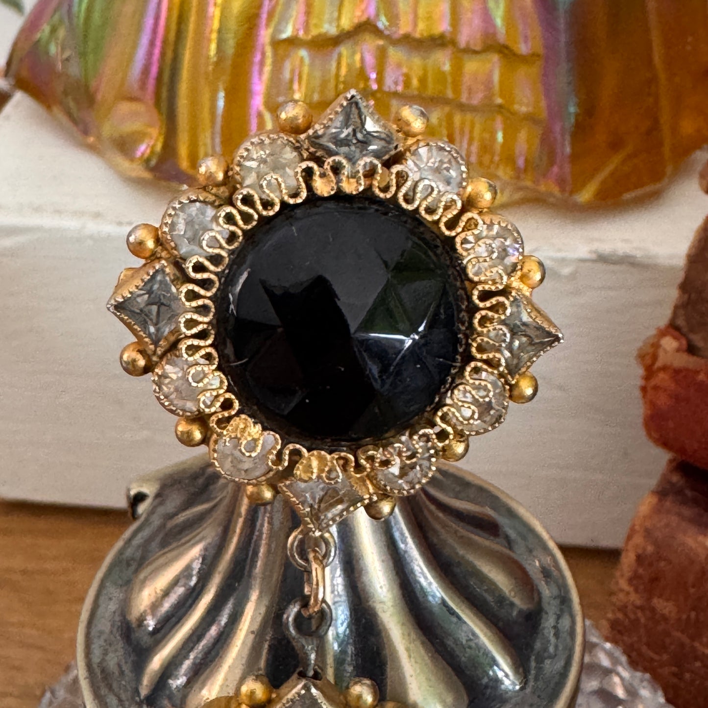 Vintage Sandor Black and Clear Rhinestone Dangling Brooch