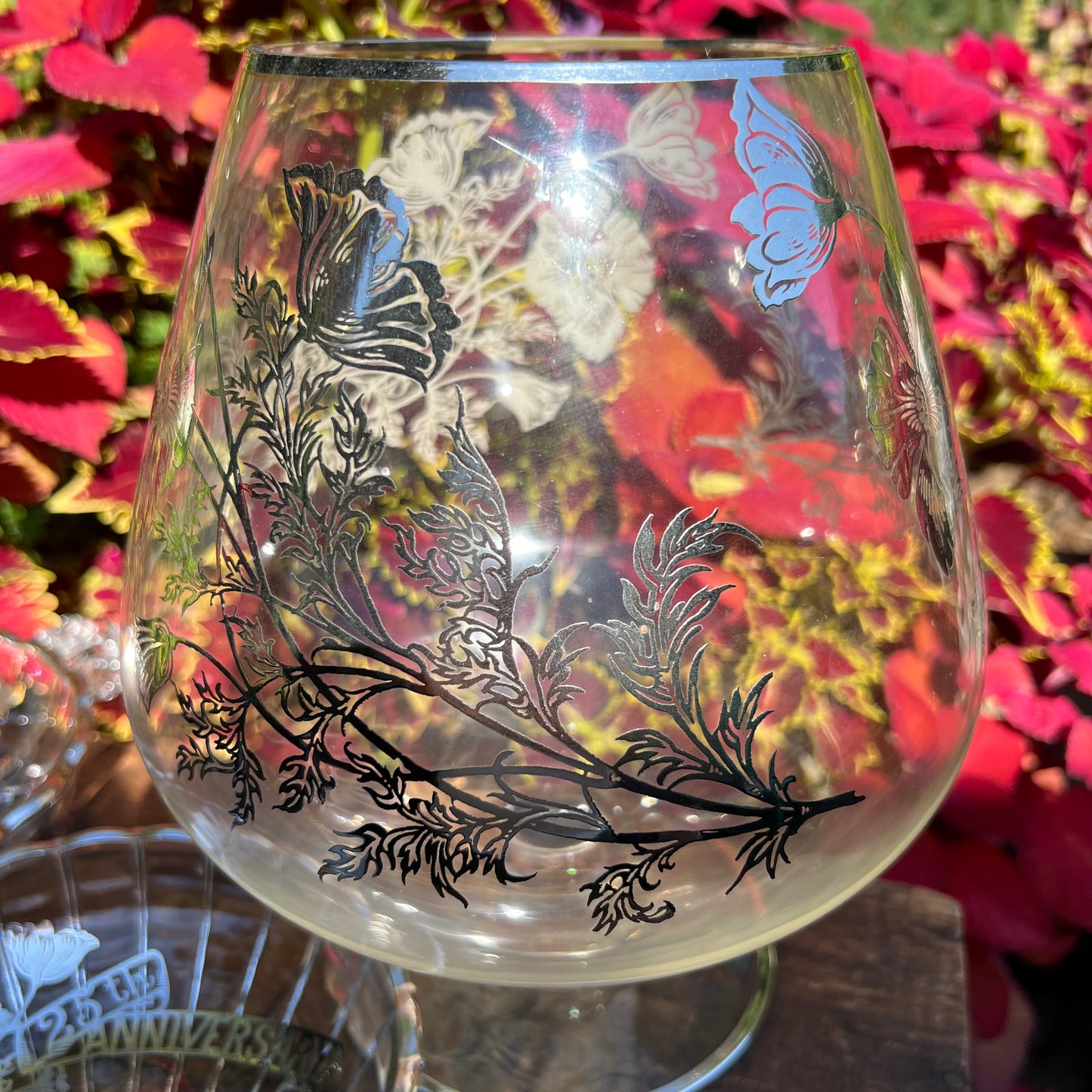 Collection of Cambridge Glass Flanders Poppy Sterling Silver Overlay Large Brandy Form Vase & Serving Pieces