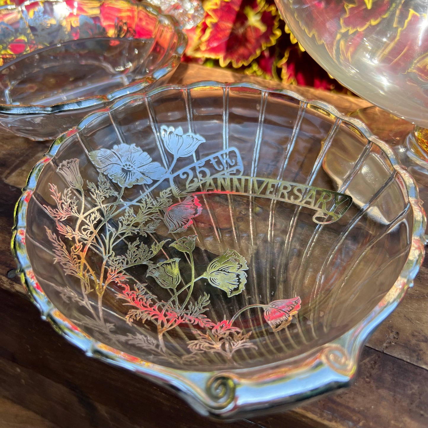 Collection of Cambridge Glass Flanders Poppy Sterling Silver Overlay Large Brandy Form Vase & Serving Pieces