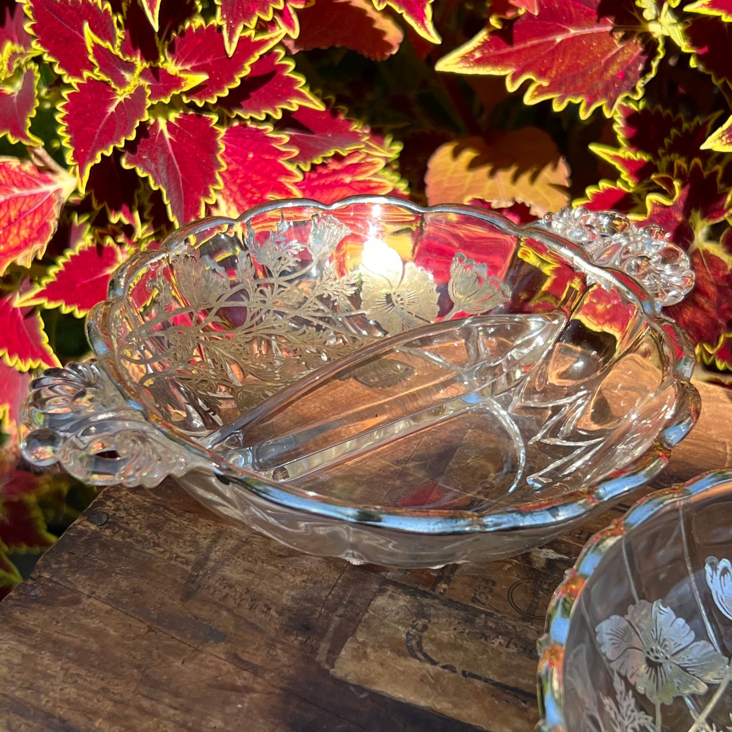 Collection of Cambridge Glass Flanders Poppy Sterling Silver Overlay Large Brandy Form Vase & Serving Pieces