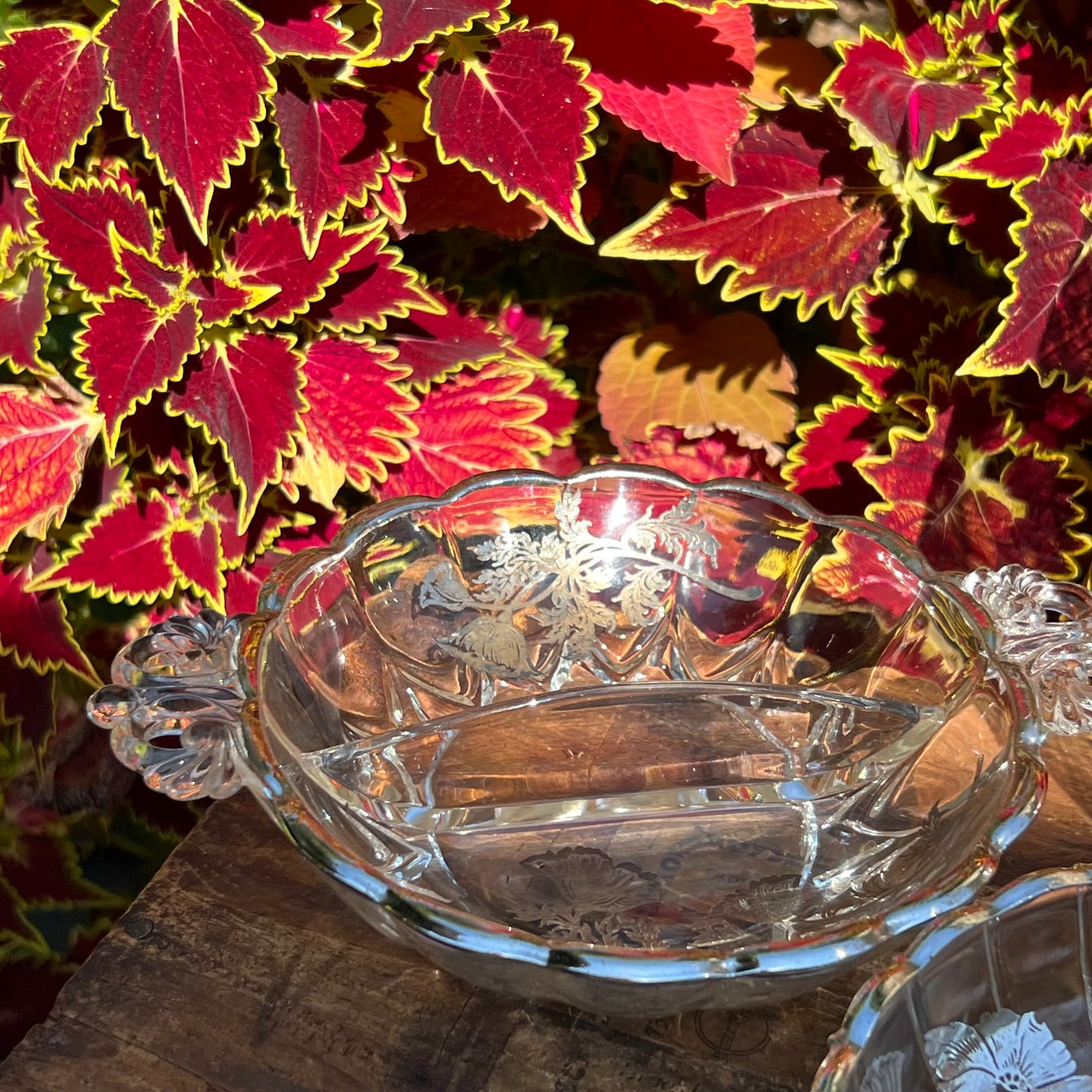 Collection of Cambridge Glass Flanders Poppy Sterling Silver Overlay Large Brandy Form Vase & Serving Pieces