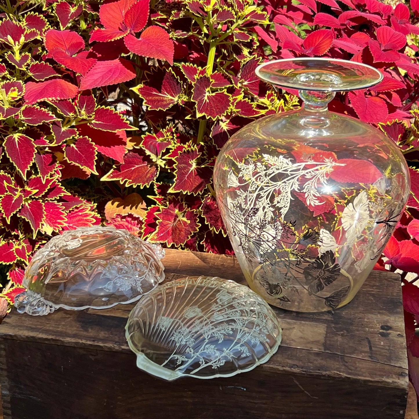 Collection of Cambridge Glass Flanders Poppy Sterling Silver Overlay Large Brandy Form Vase & Serving Pieces