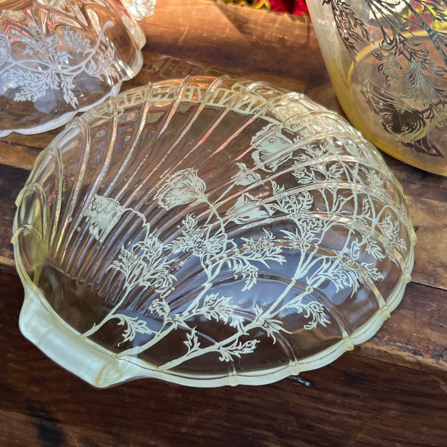 Collection of Cambridge Glass Flanders Poppy Sterling Silver Overlay Large Brandy Form Vase & Serving Pieces