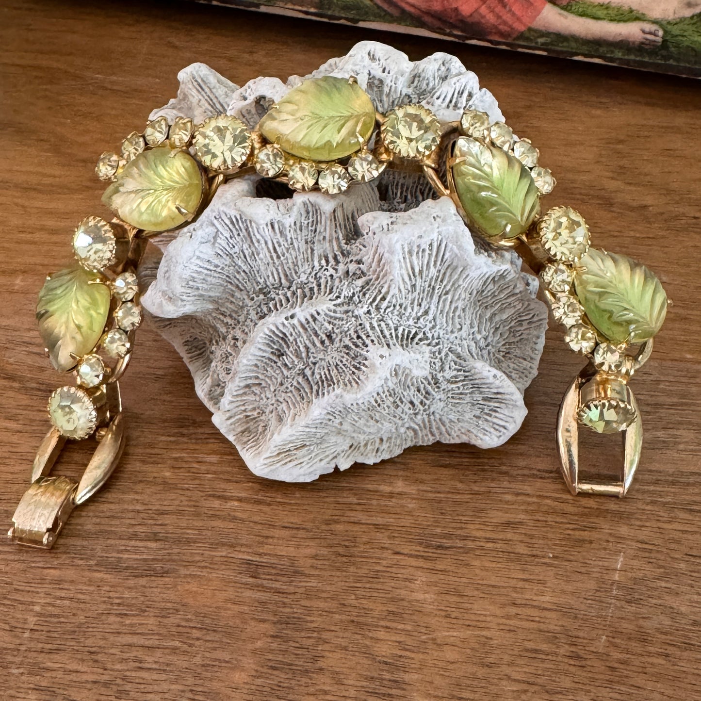 Vintage Yellow Carved Glass Leaf Cabochon Rhinestone Juliana D & E Bracelet