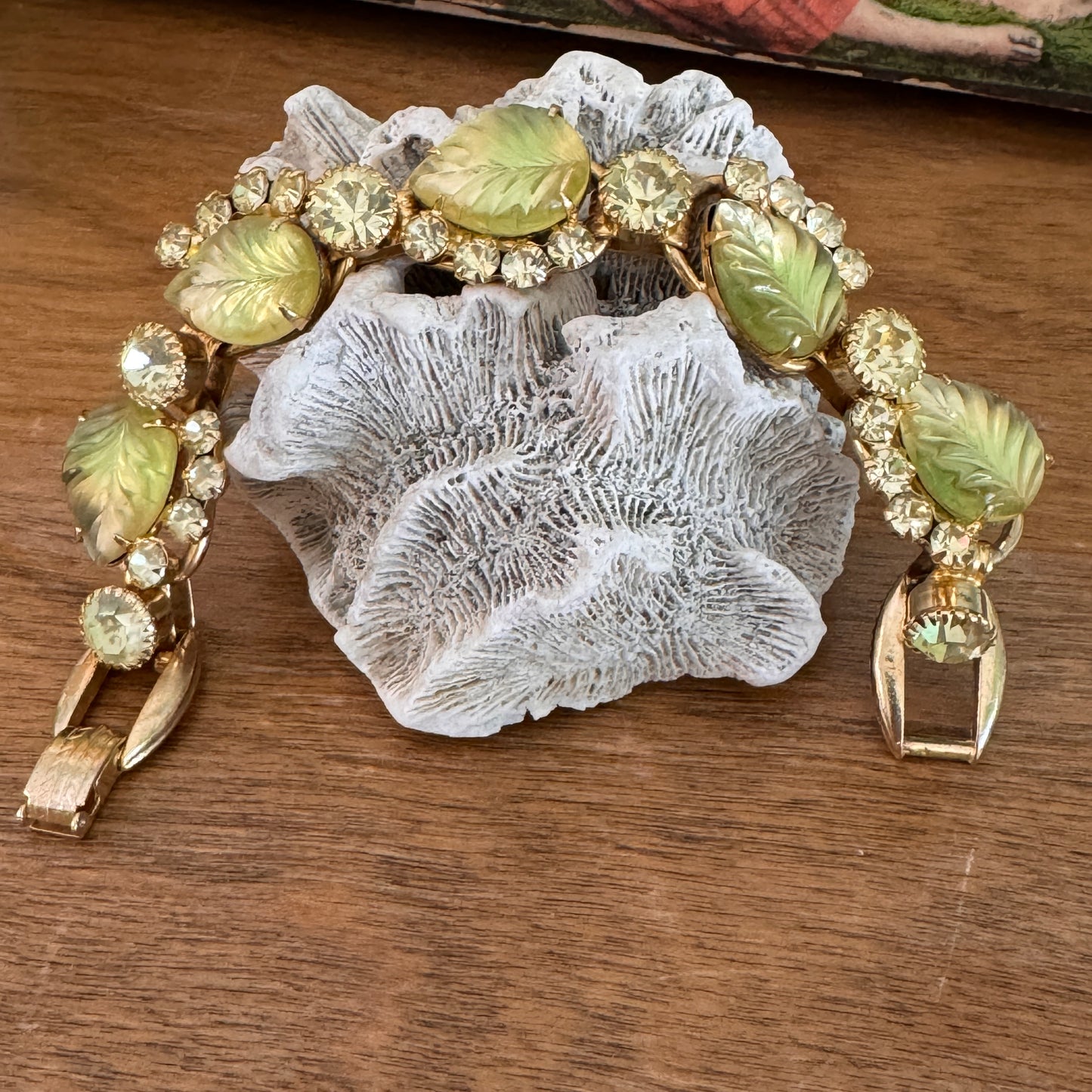 Vintage Yellow Carved Glass Leaf Cabochon Rhinestone Juliana D & E Bracelet