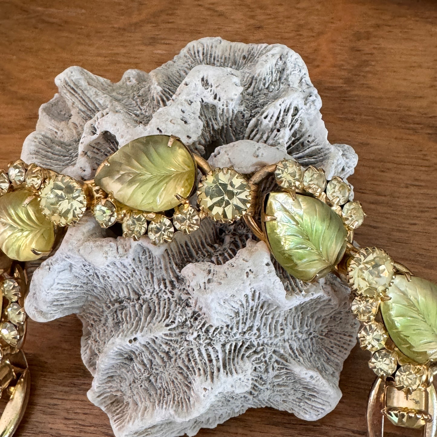 Vintage Yellow Carved Glass Leaf Cabochon Rhinestone Juliana D & E Bracelet