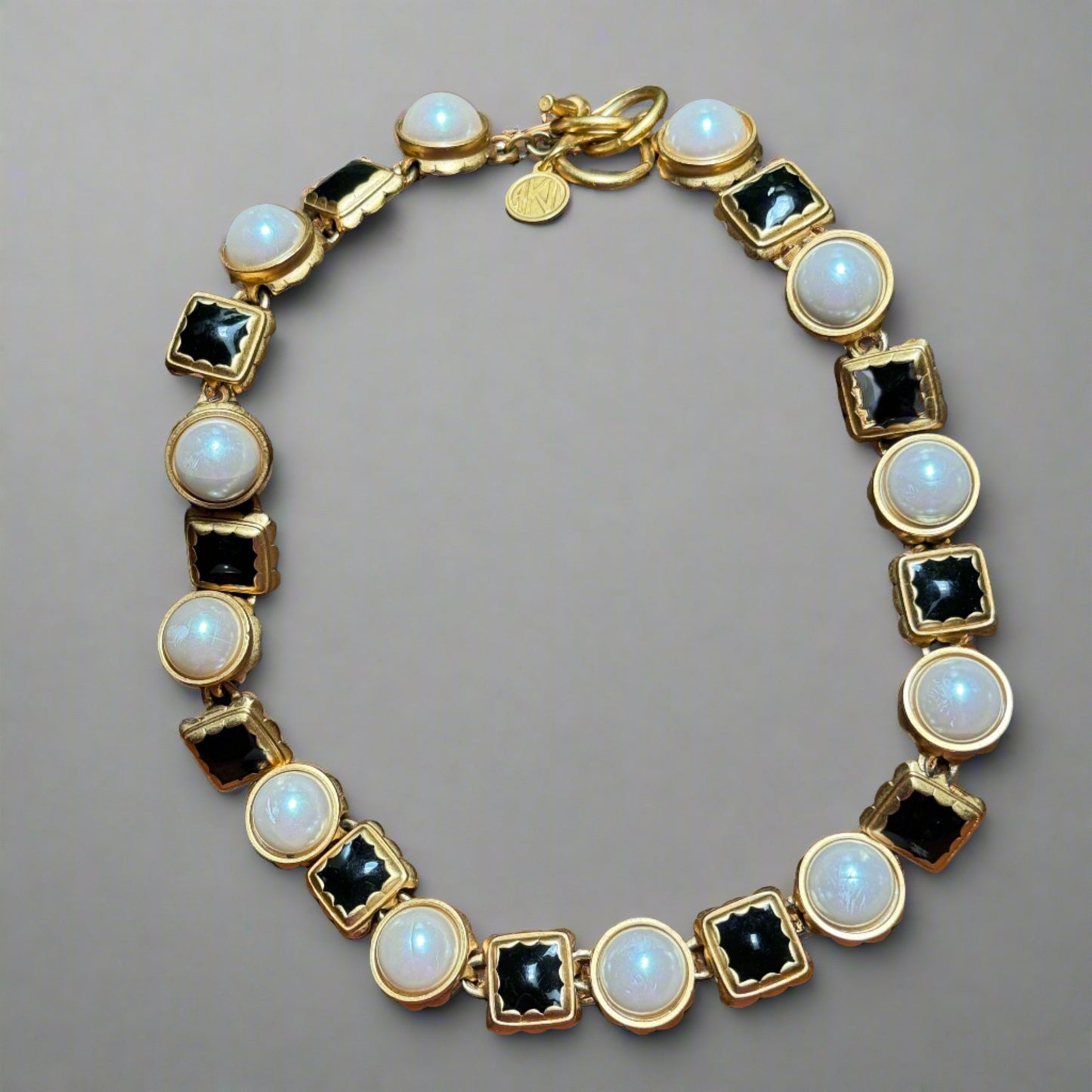 Ann Klein Vintage Byzantine Black Enamel and Faux Cabochon Pearl Necklace