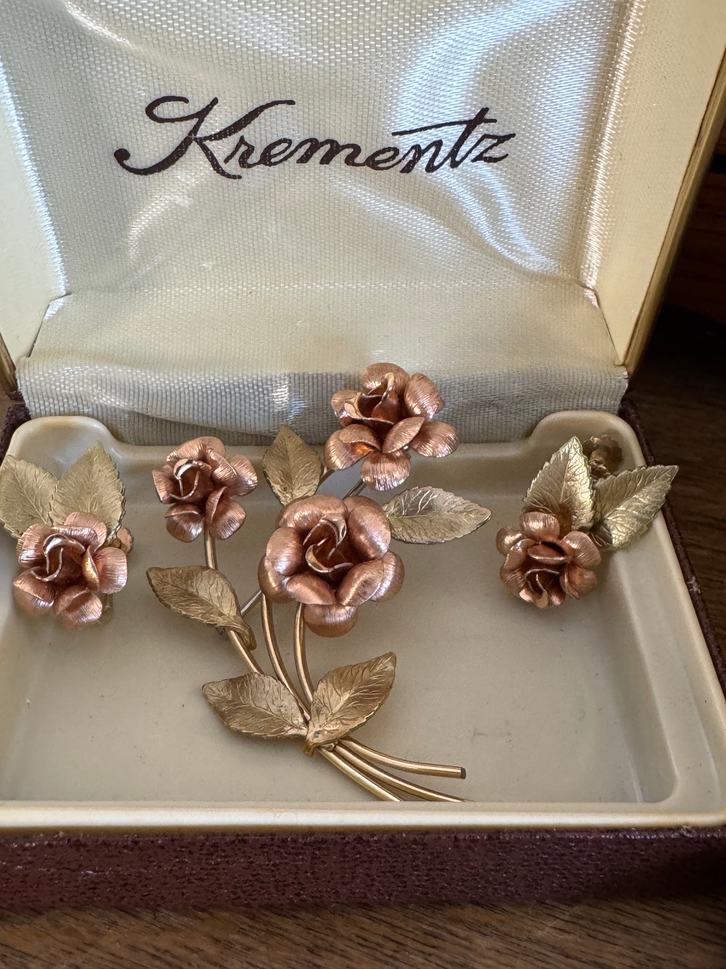 Vintage Krementz 14K Overlay Rose Brooch and Earrings