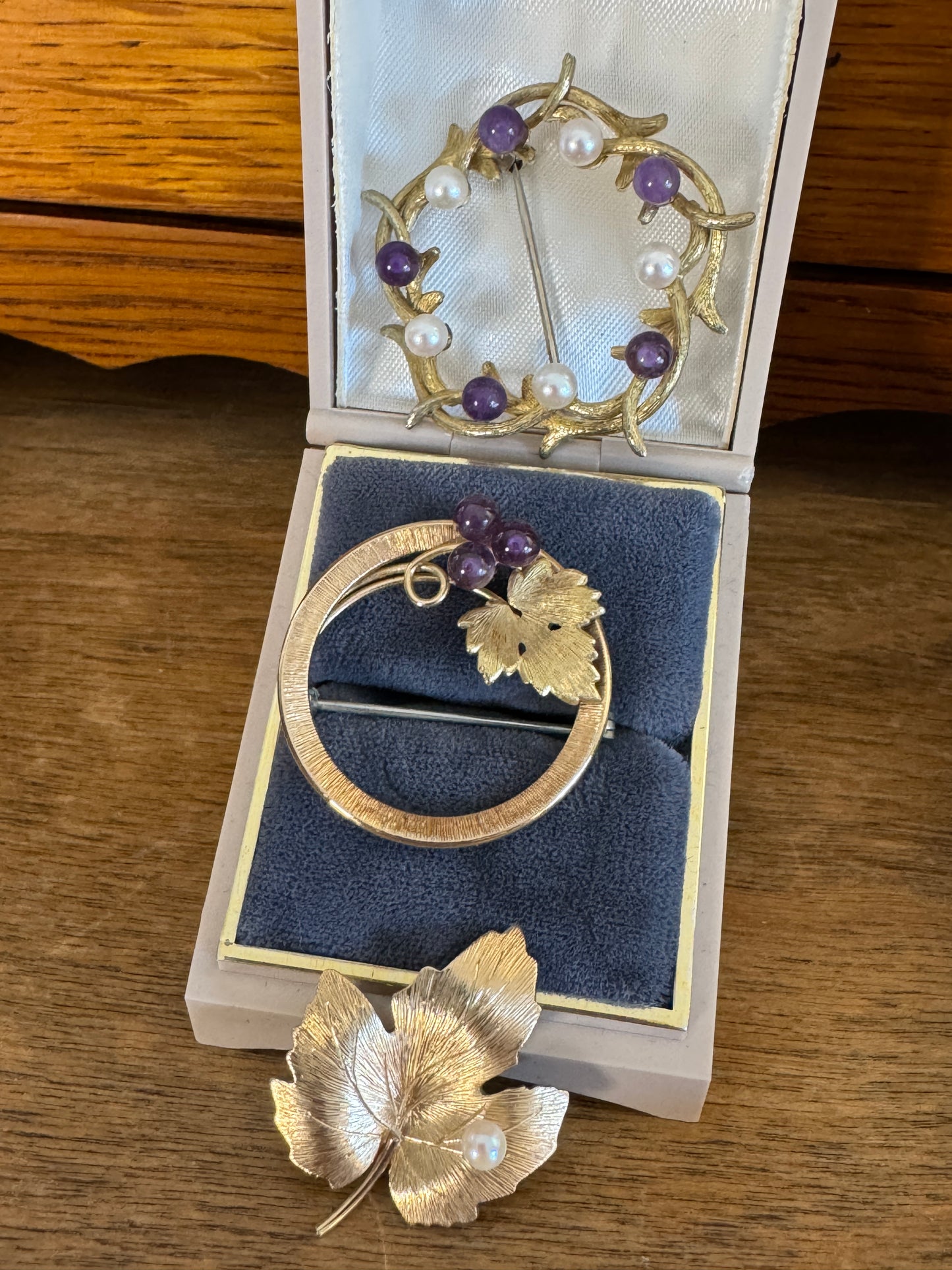 Set of 3 Krementz 14K Overlay Amethyst Semi Precious Gemstone Bead & Cultured Pearl Pins