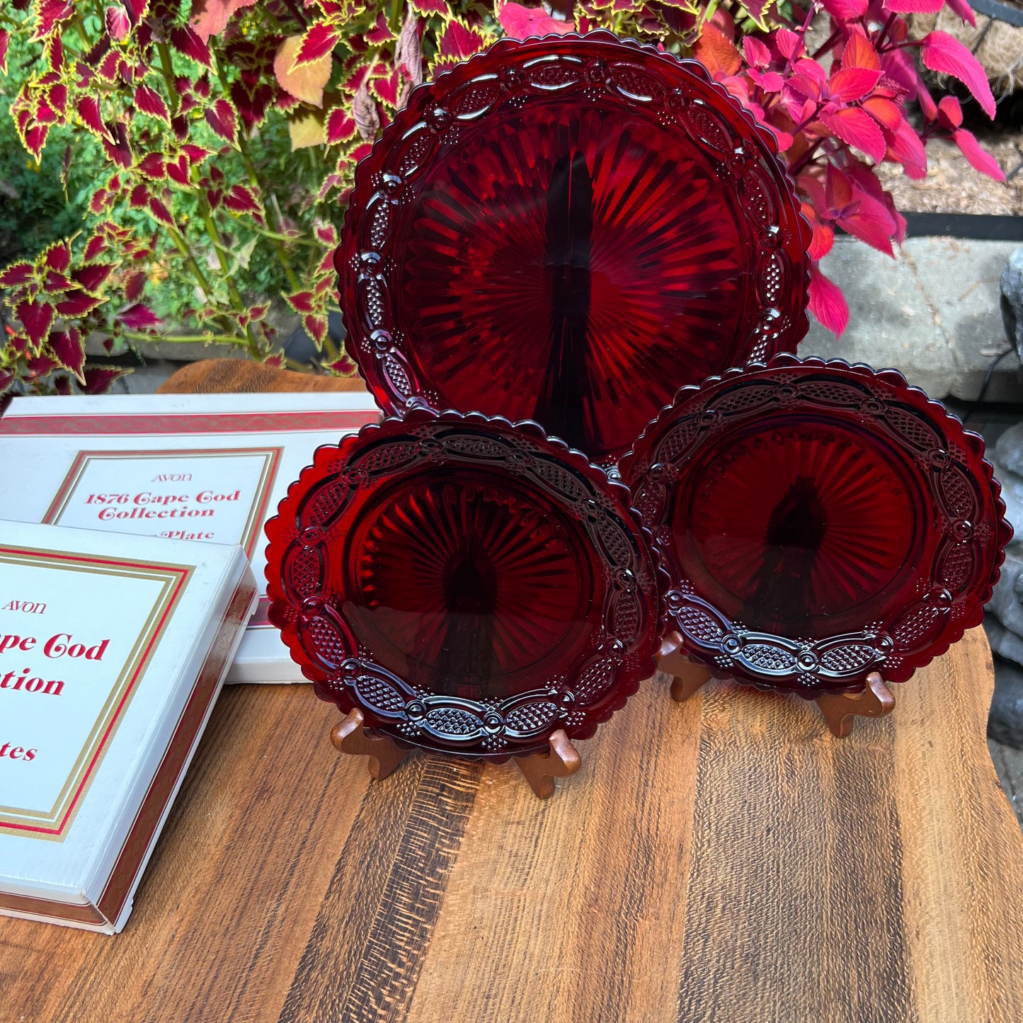 One Vintage Avon Ruby Red Cape Cod 1876 Dinner Plate & 2 Dessert Plates Orig Boxes