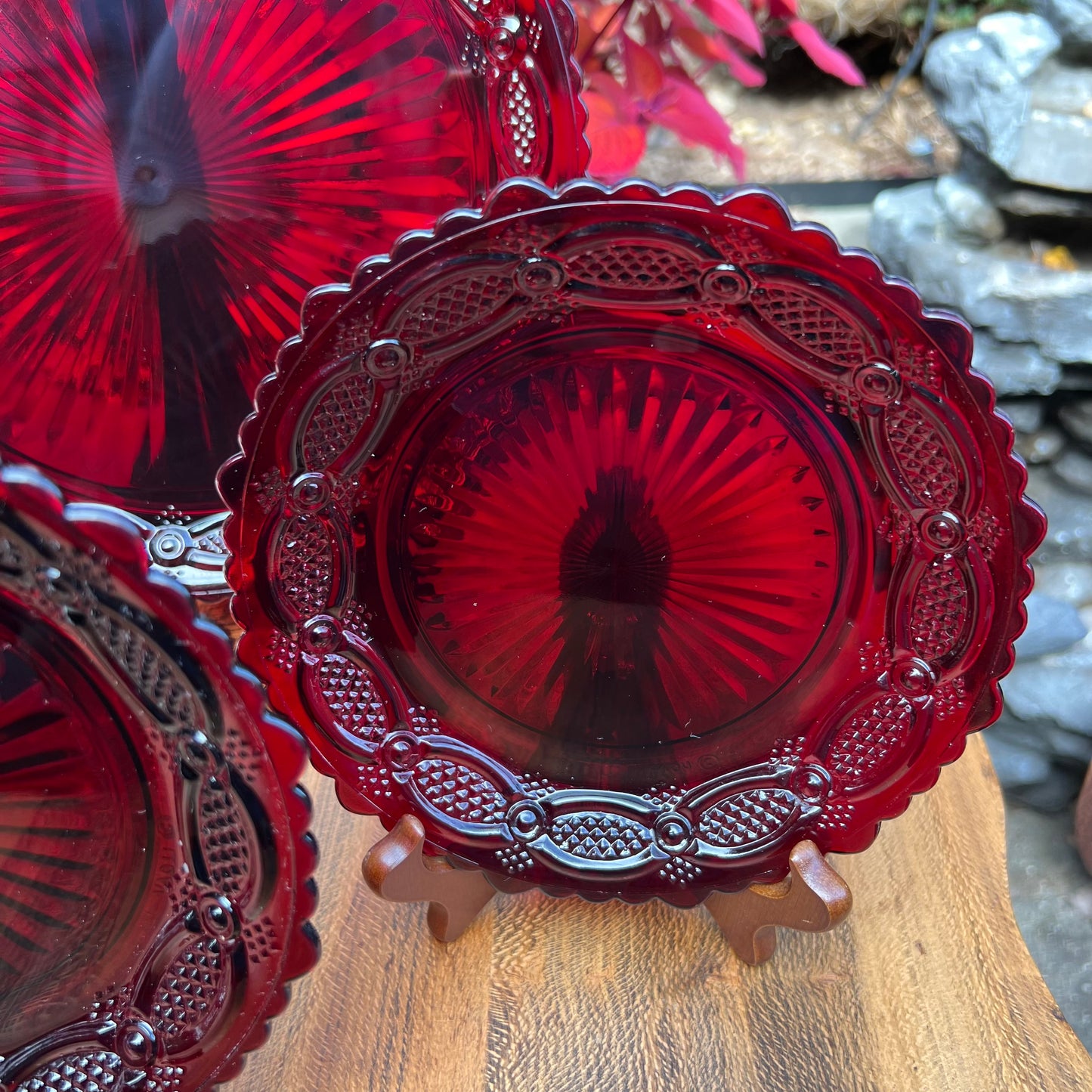 One Vintage Avon Ruby Red Cape Cod 1876 Dinner Plate & 2 Dessert Plates Orig Boxes