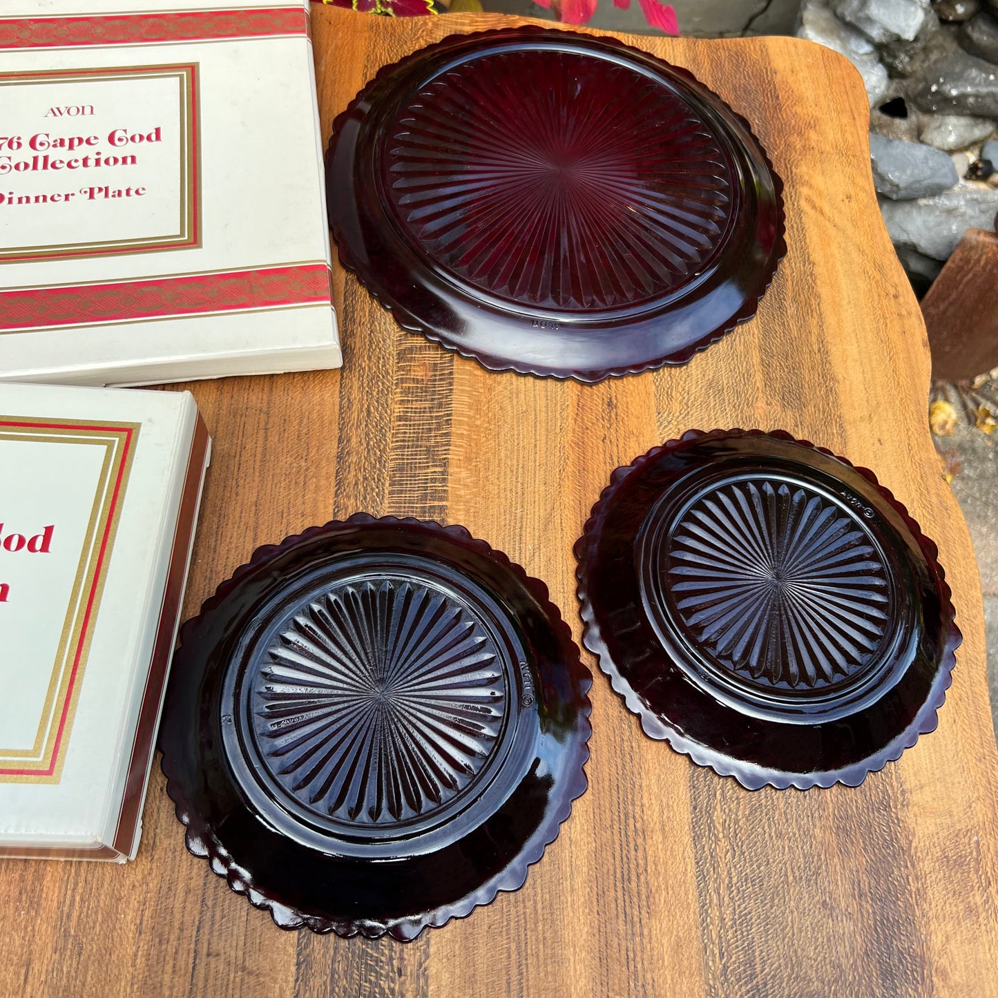 One Vintage Avon Ruby Red Cape Cod 1876 Dinner Plate & 2 Dessert Plates Orig Boxes