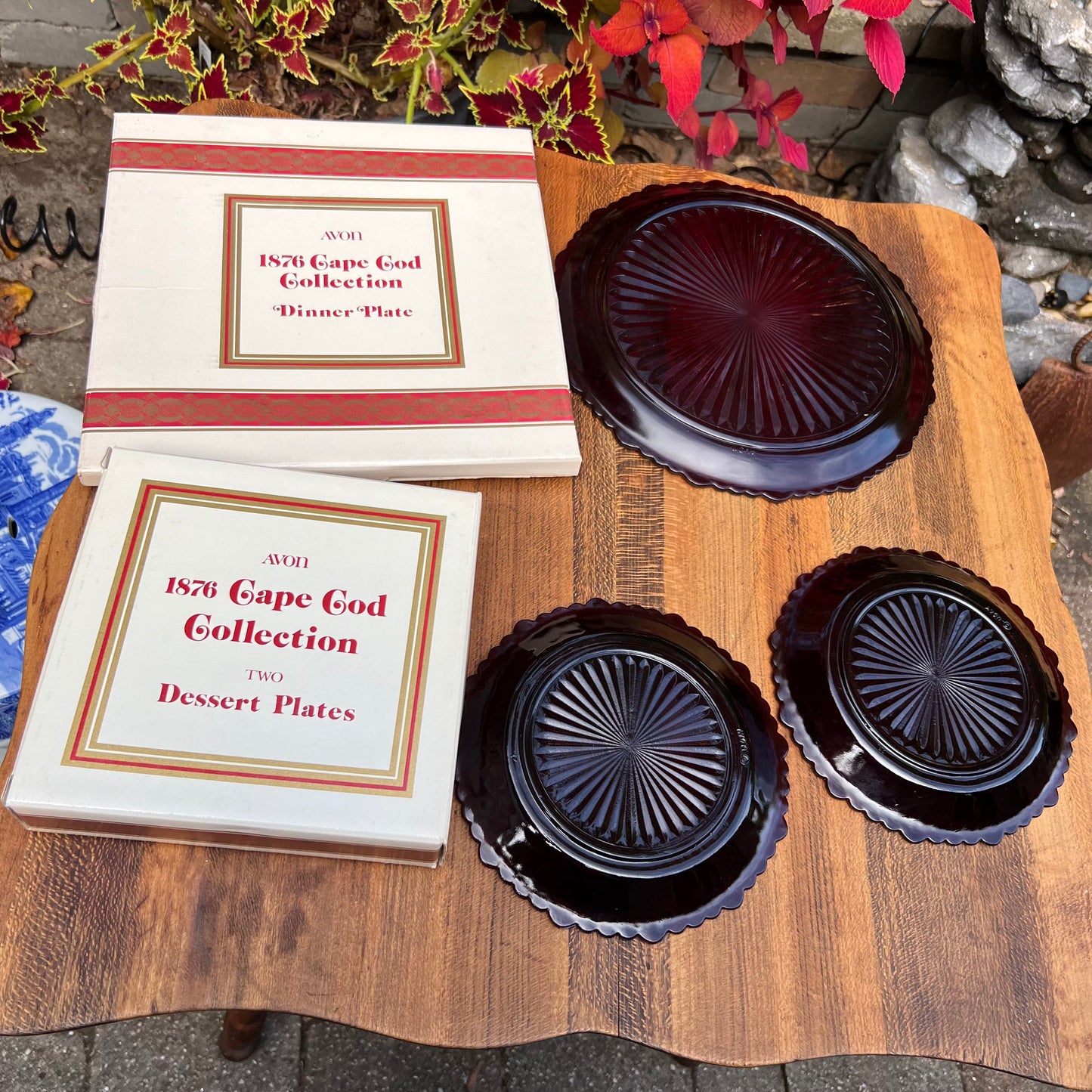 One Vintage Avon Ruby Red Cape Cod 1876 Dinner Plate & 2 Dessert Plates Orig Boxes