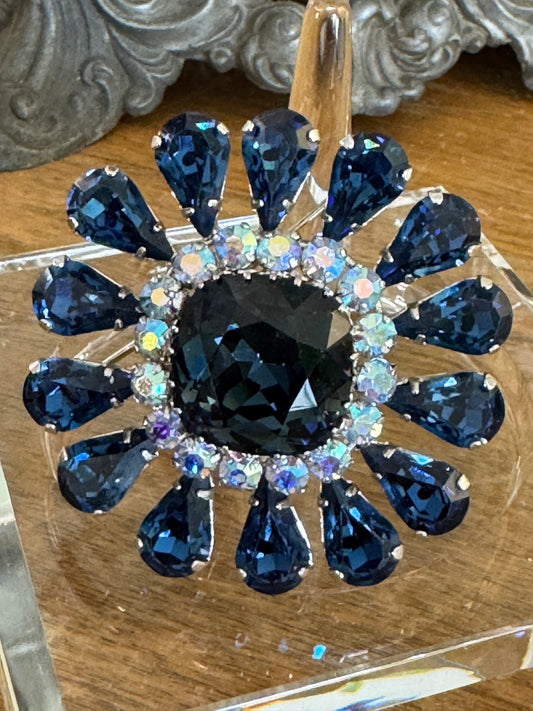 Vintage Austrian Sapphire Blue Multi Faceted Rhinestone Flower Pin