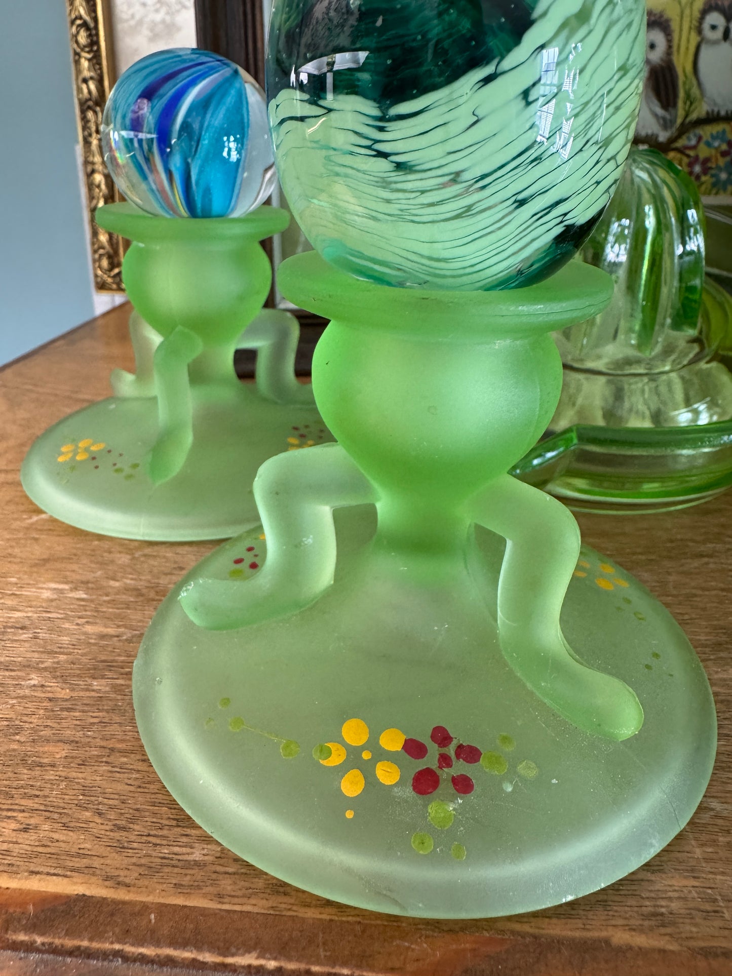 Vintage Pair Westmoreland Frosted Green Satin Uranium Glass Candle Holders and Colonial Candle Tapered Candles