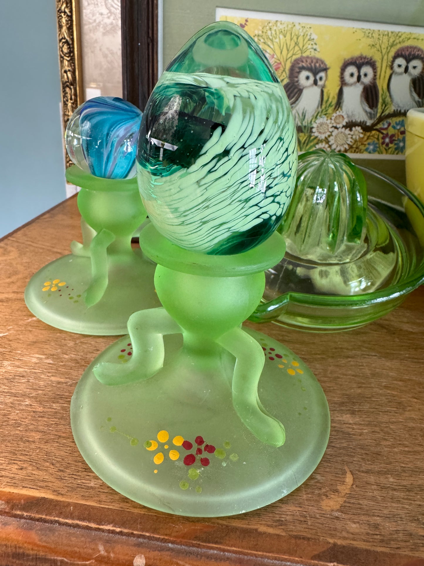 Vintage Pair Westmoreland Frosted Green Satin Uranium Glass Candle Holders and Colonial Candle Tapered Candles