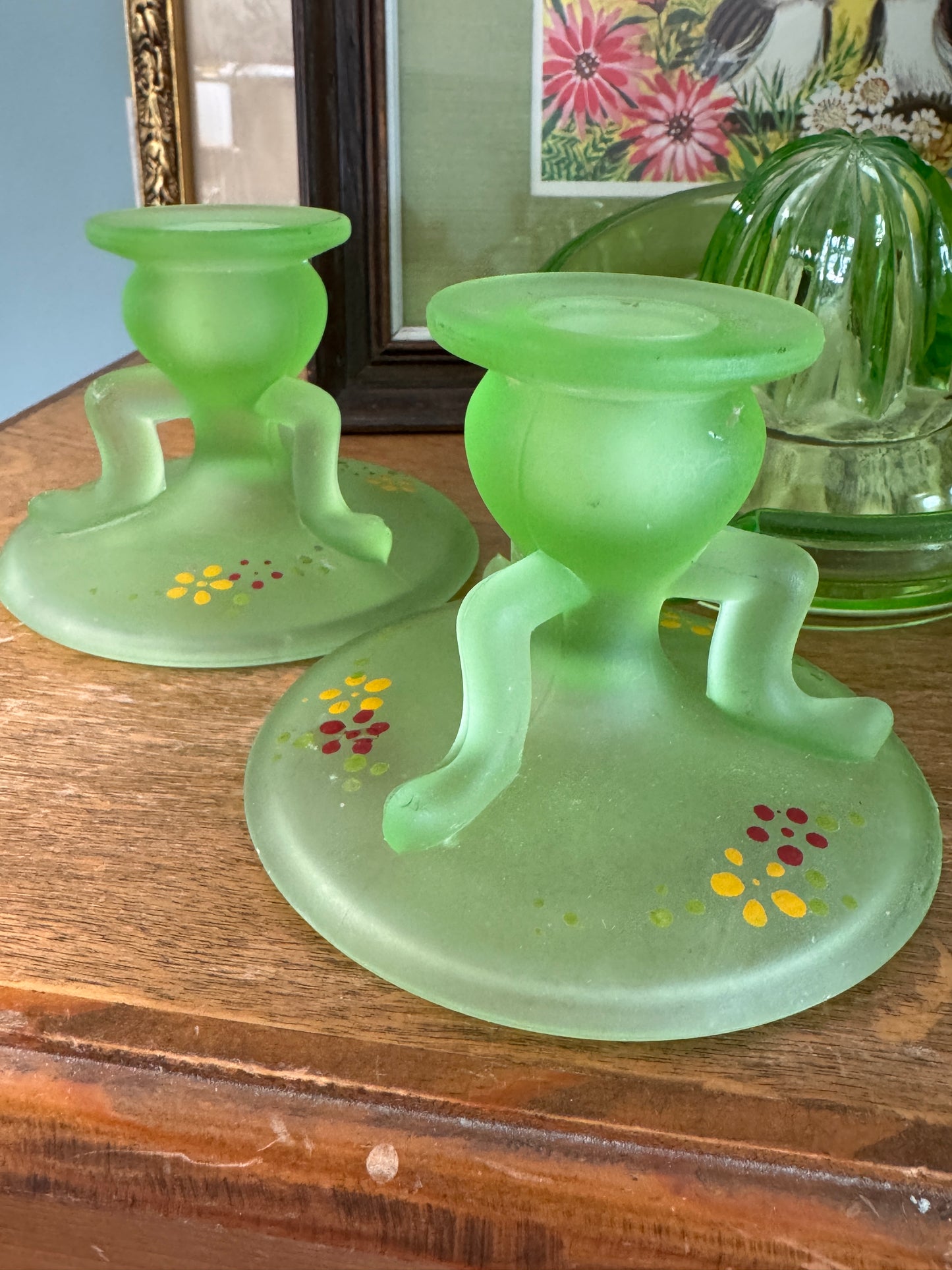 Vintage Pair Westmoreland Frosted Green Satin Uranium Glass Candle Holders and Colonial Candle Tapered Candles