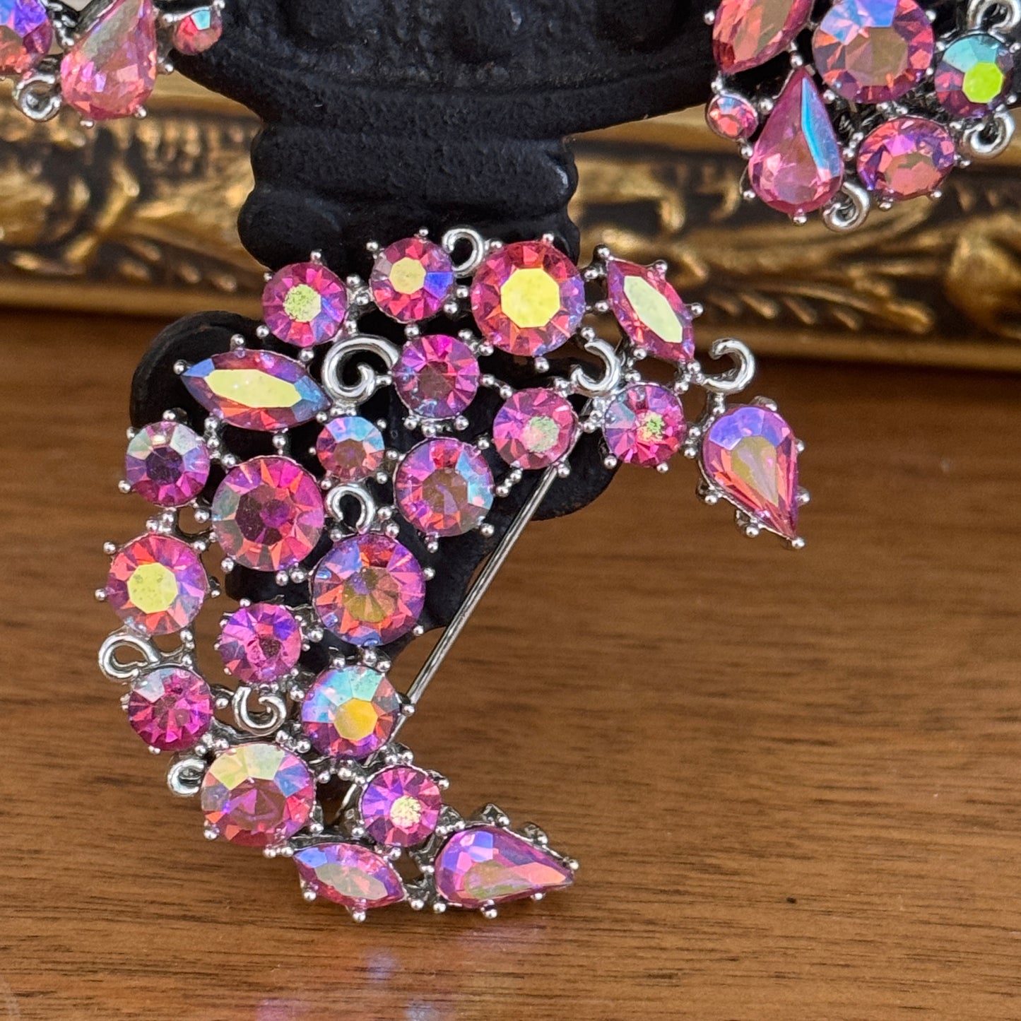 Vintage Lisner Pink Rhinestone Crescent Moon Pin & Earring Set