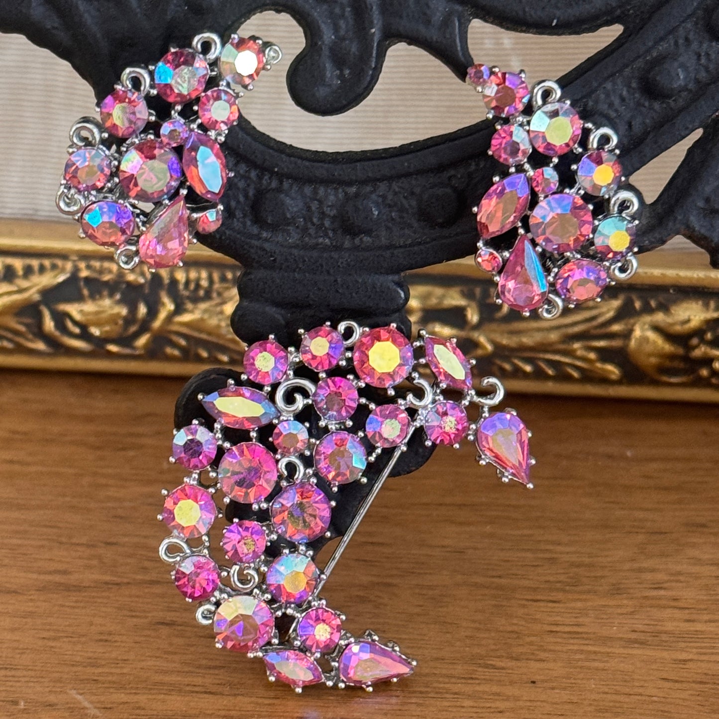 Vintage Lisner Pink Rhinestone Crescent Moon Pin & Earring Set