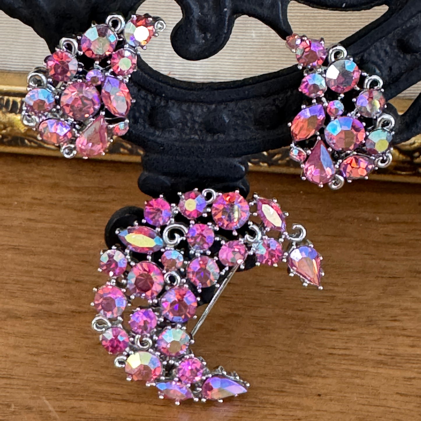 Vintage Lisner Pink Rhinestone Crescent Moon Pin & Earring Set