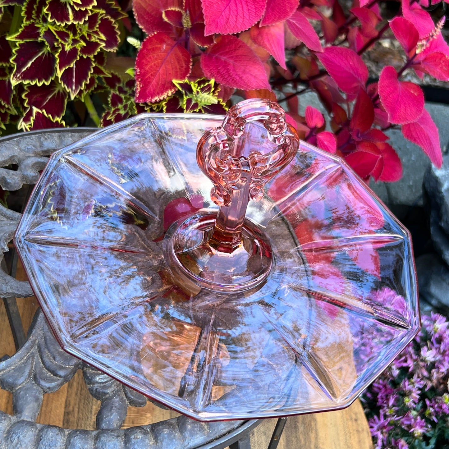 Cambridge Pink Decagon Tidbit Tray Keyhole Handle