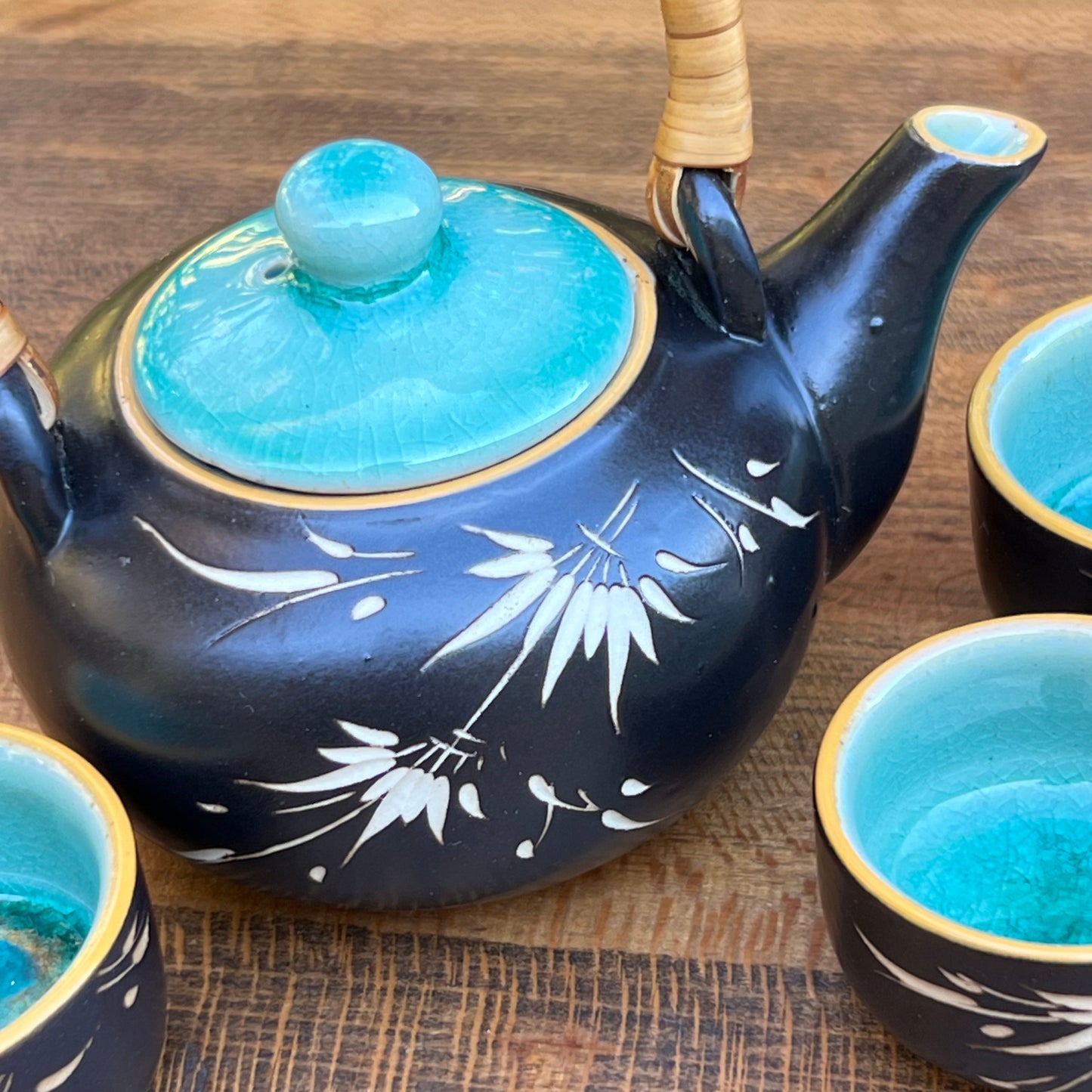 Vintage Bat Trang Vietnamese Carved Pottery Tea Set 3 Cups