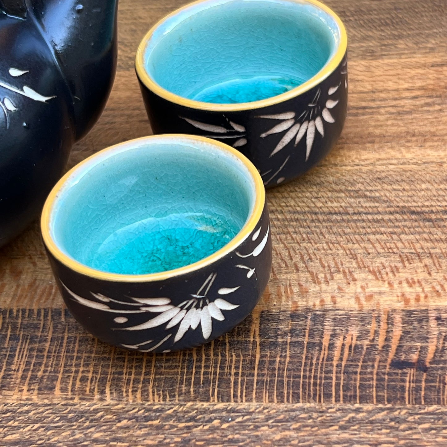 Vintage Bat Trang Vietnamese Carved Pottery Tea Set 3 Cups