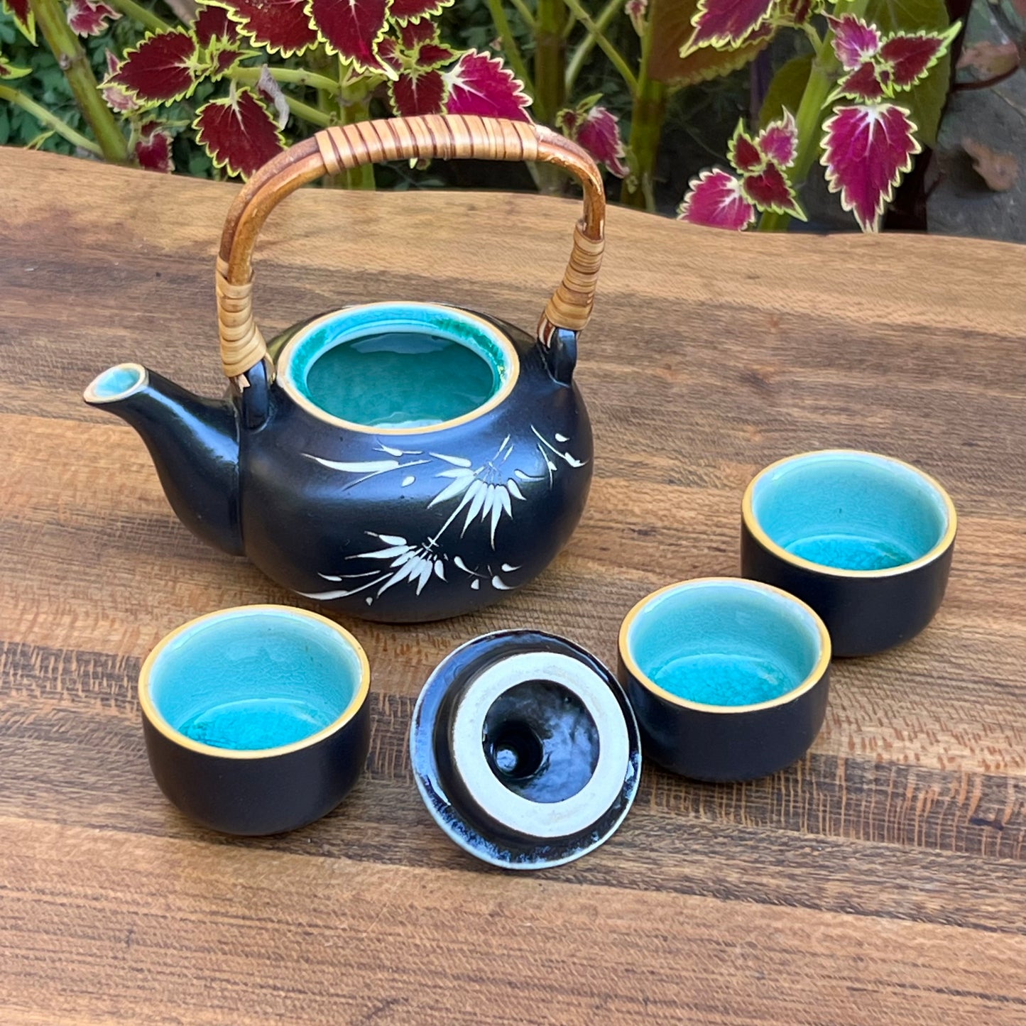 Vintage Bat Trang Vietnamese Carved Pottery Tea Set 3 Cups