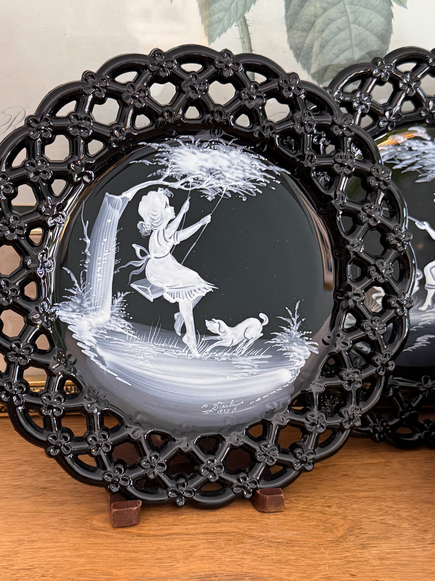 Two Vintage Westmoreland Mary Gregory Black & White Glass Plates