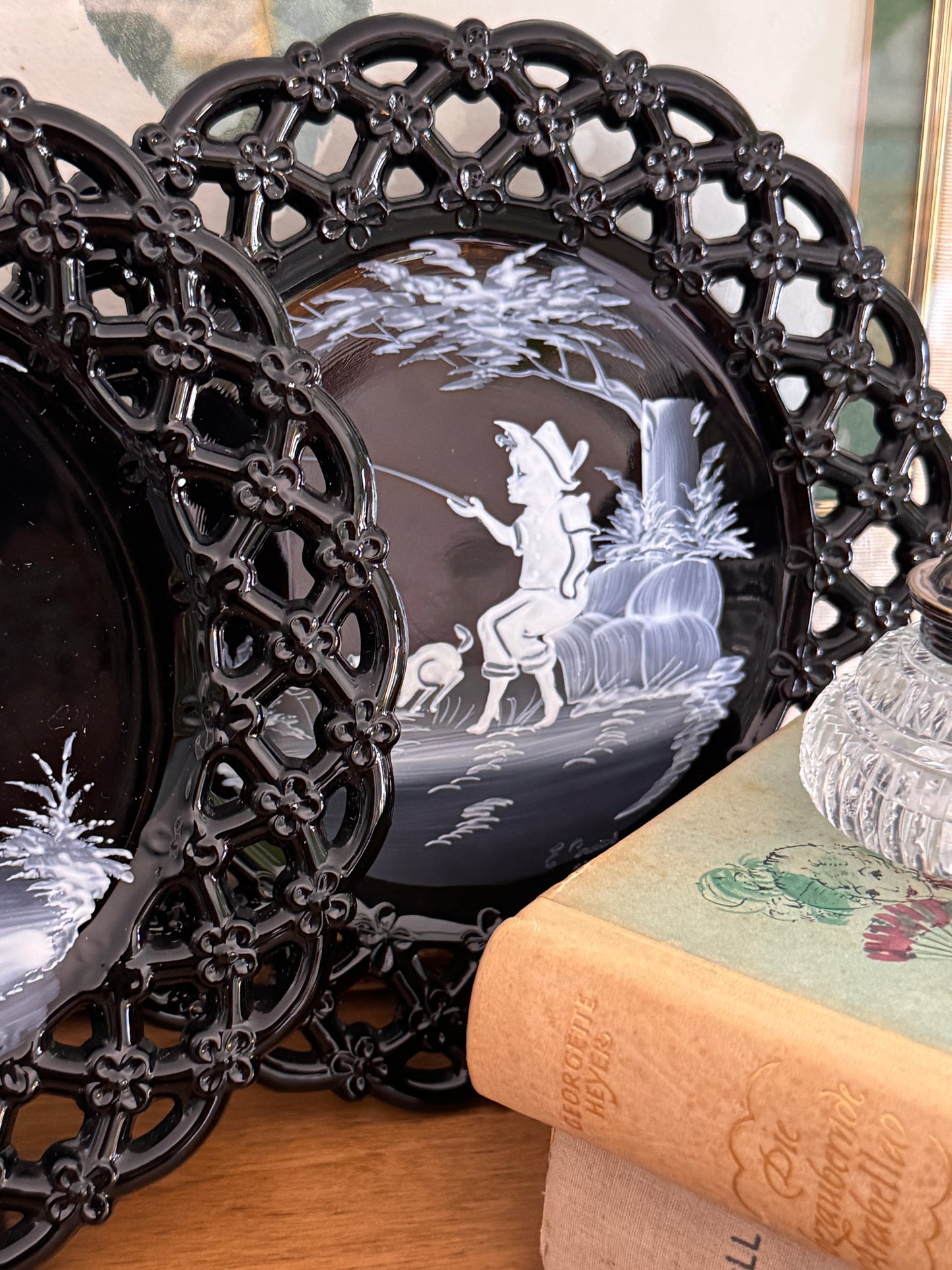 Two Vintage Westmoreland Mary Gregory Black & White Glass Plates