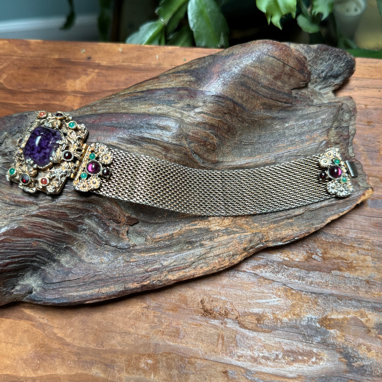 Vintage Czech Regal Purple Art Glass Cabochon Mesh Bracelet