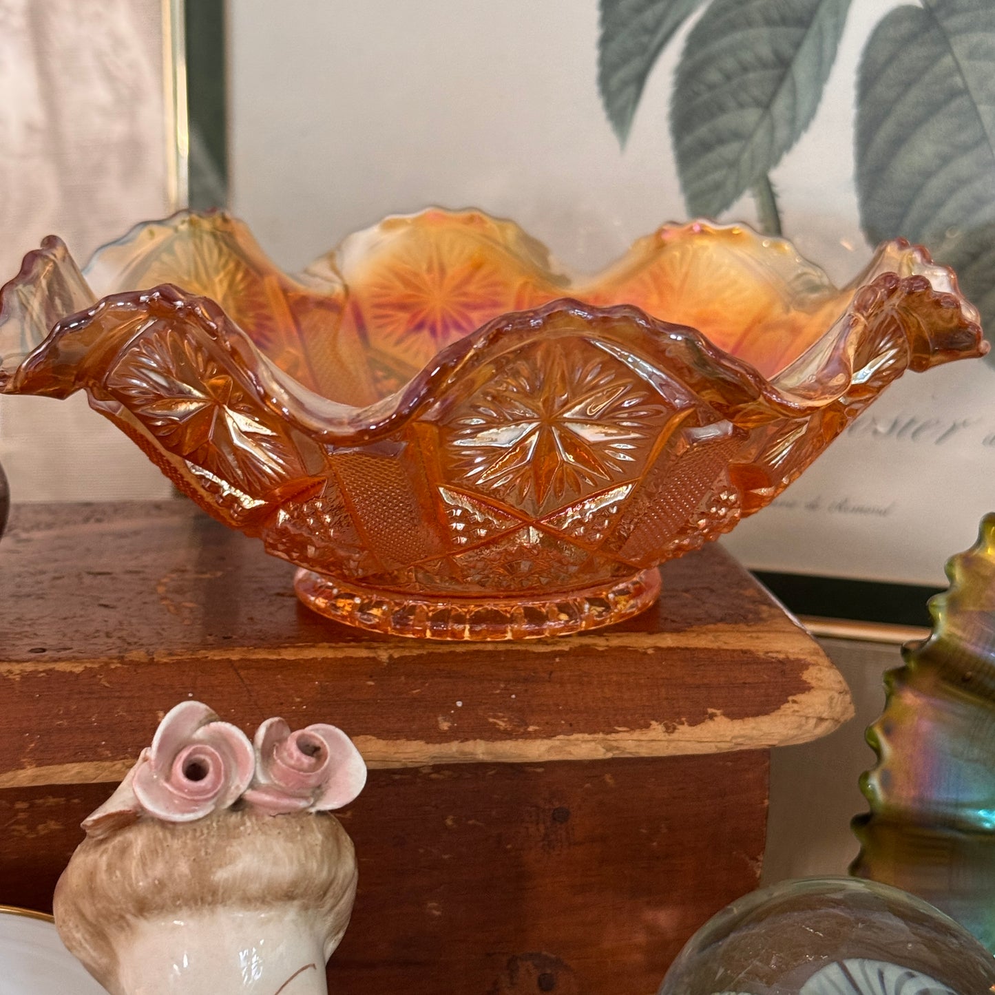 Marigold Ruffled Edge Carnival Glass Bowl