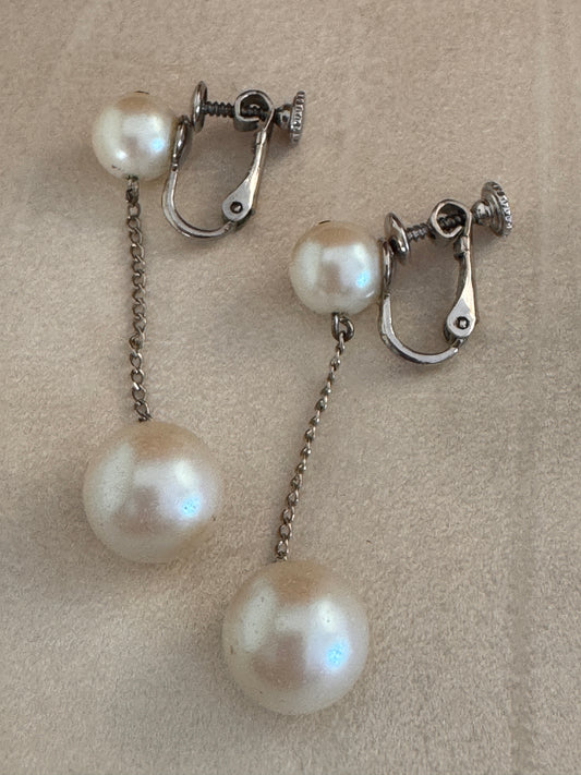 60's Sterling Silver Dangling Faux Pearl Earrings