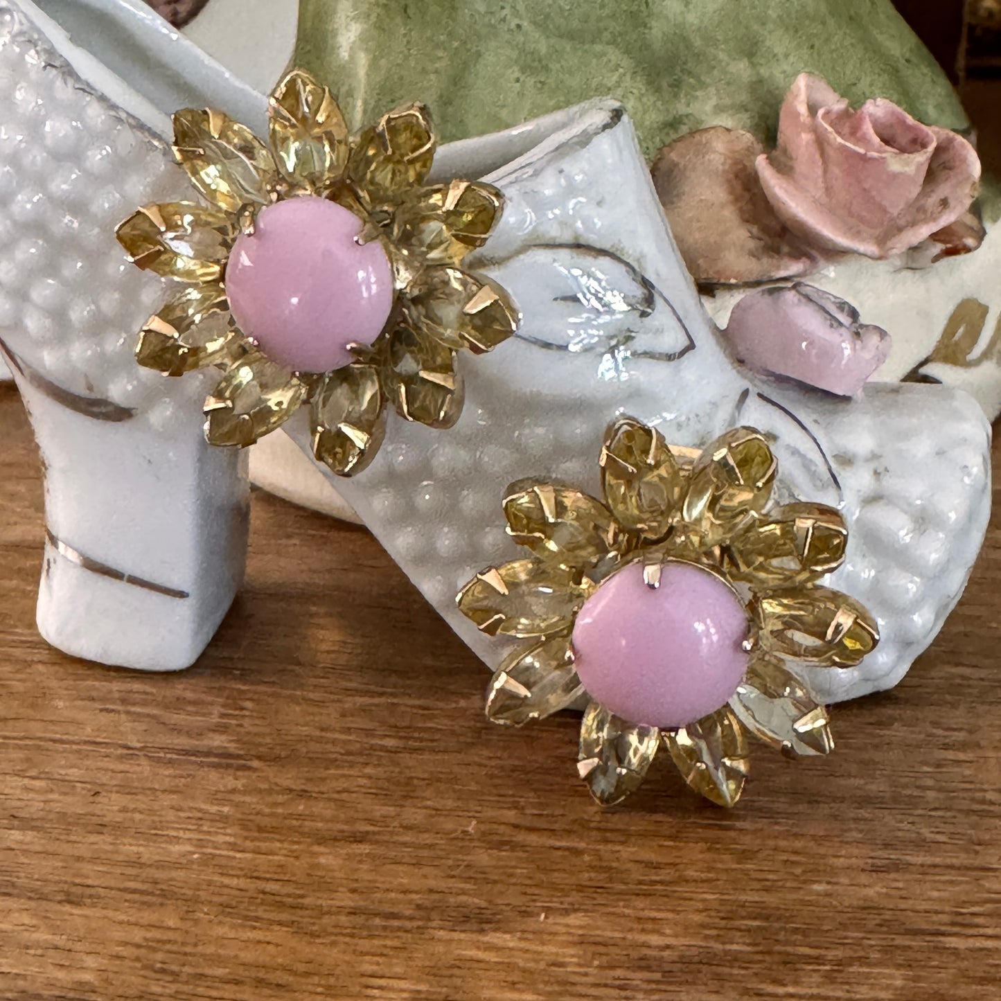 Vintage Yellow and Pink Rhinestone Daisy Earrings
