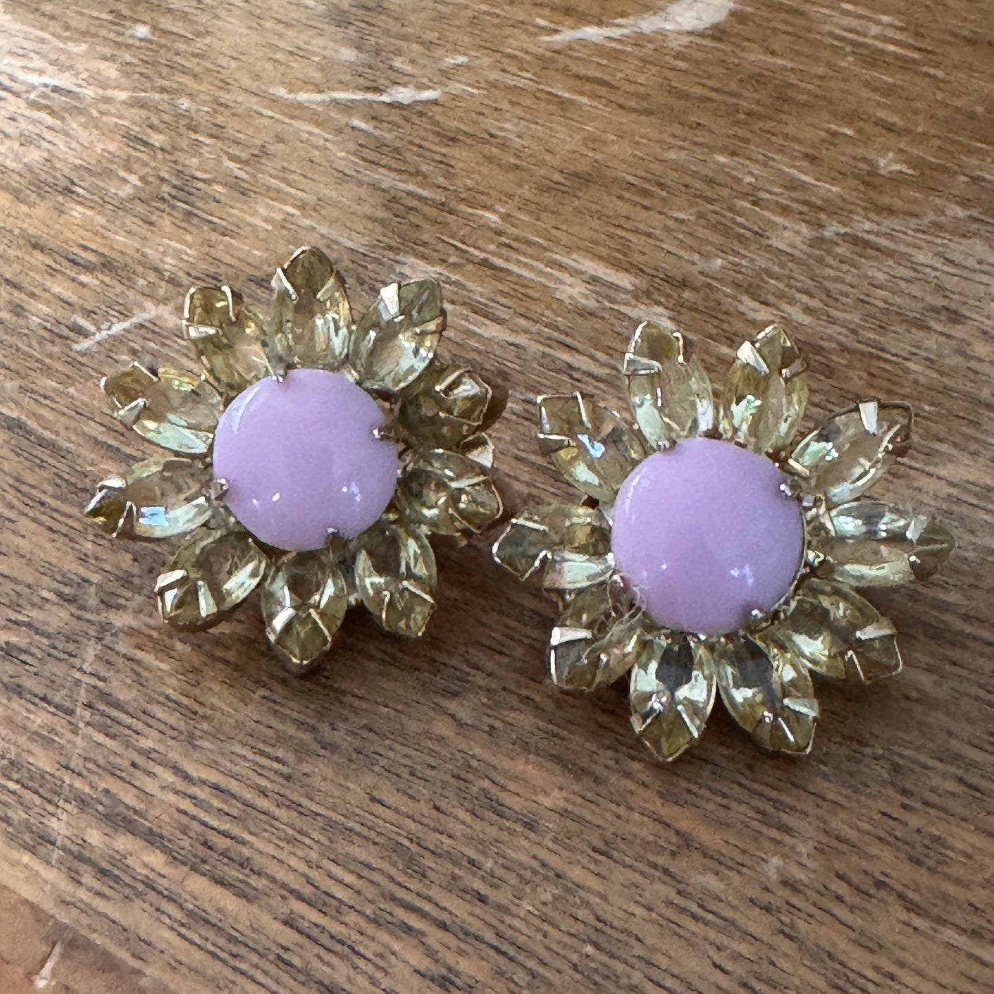 Vintage Yellow and Pink Rhinestone Daisy Earrings
