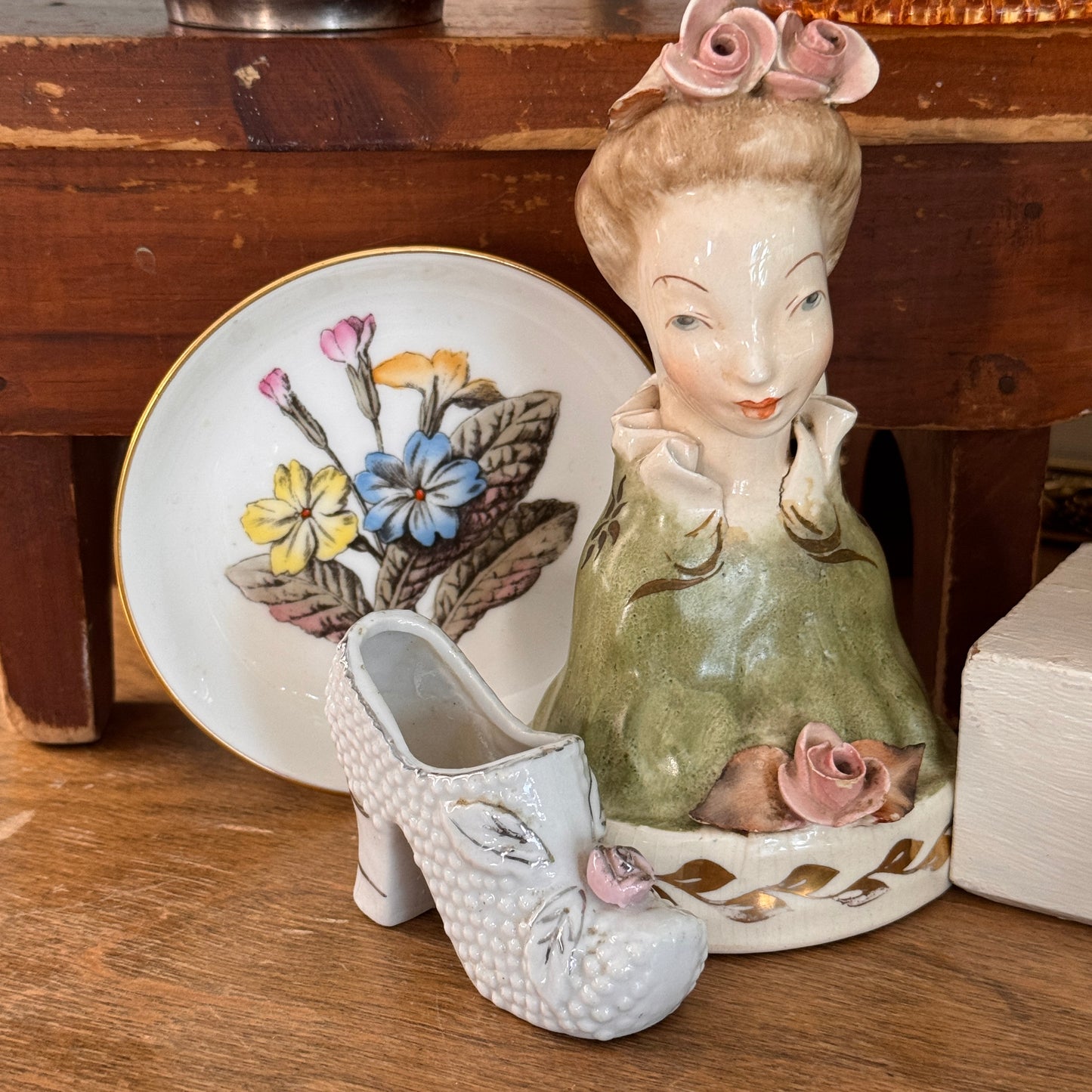 Vintage Cordey Victorian Woman Figurine, Minton Plate, Japan Shoe Collection