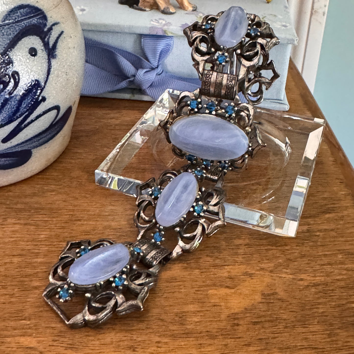Vintage Unsigned Selro Selini Blue Lucite and Rhinestone Bracelet