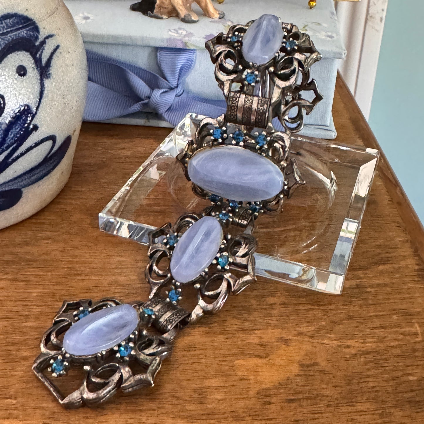 Vintage Unsigned Selro Selini Blue Lucite and Rhinestone Bracelet