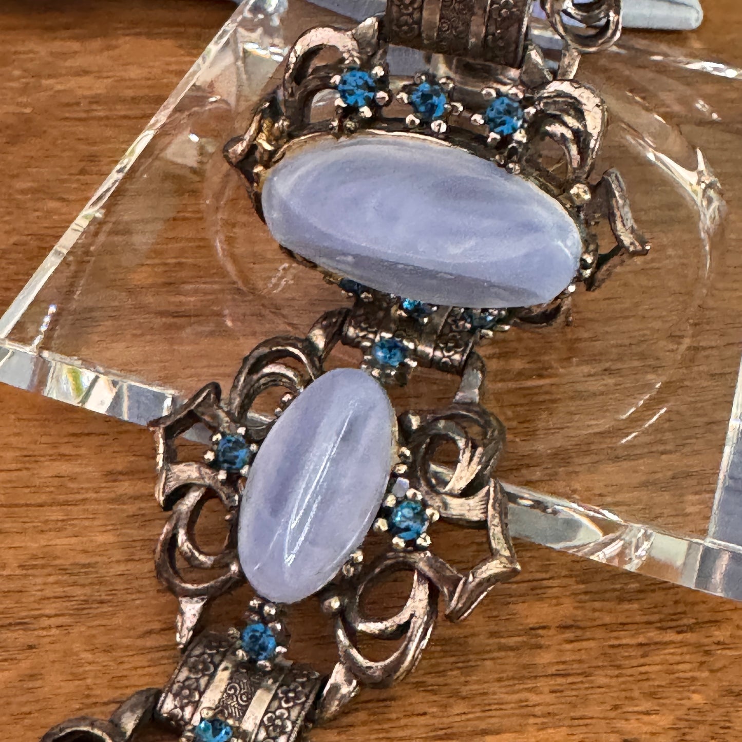 Vintage Unsigned Selro Selini Blue Lucite and Rhinestone Bracelet
